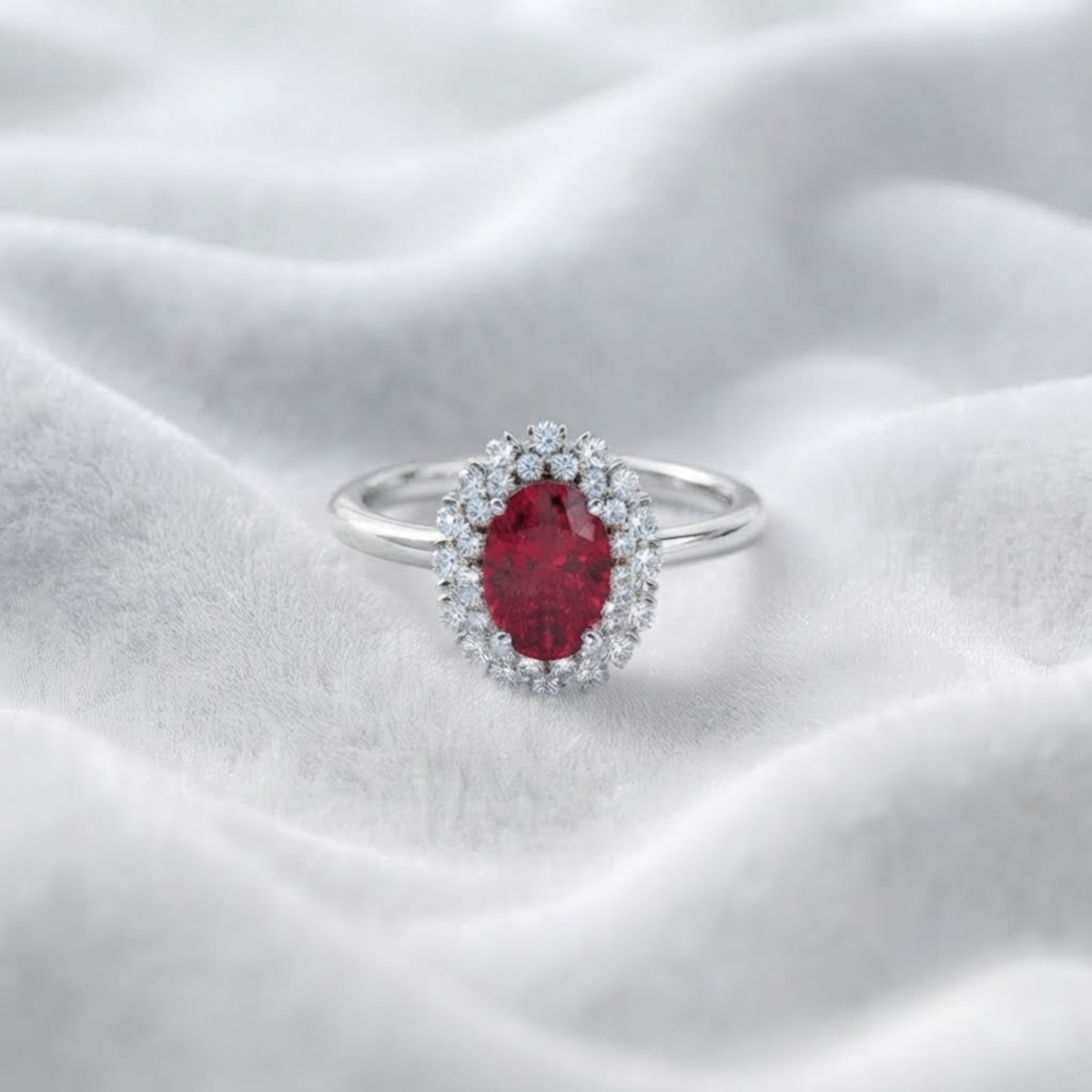 Red Ruby Gemstone Diamond Halo Engagement Ring