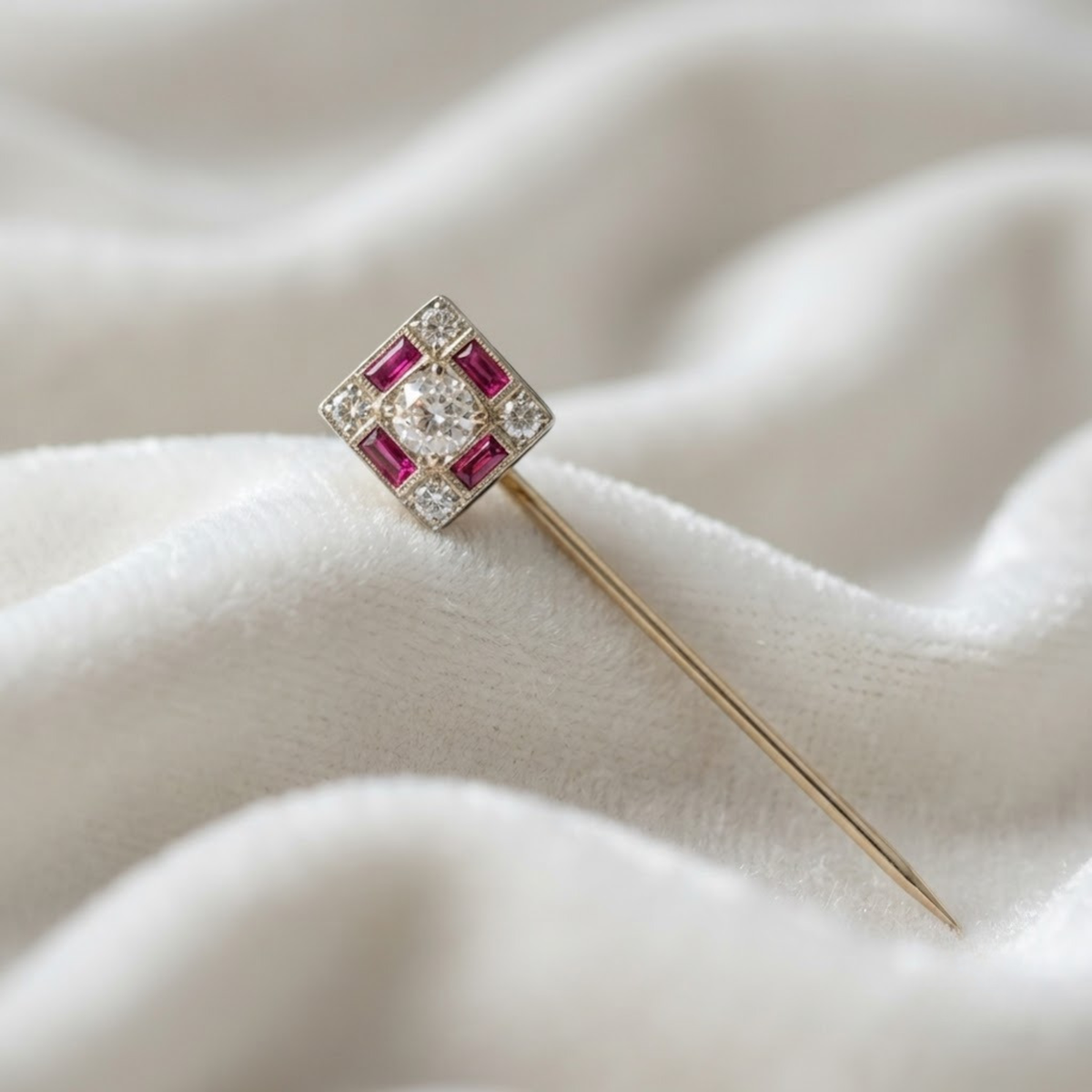 Baguette Cut Gemstones Vintage Ruby and Diamond Brooch