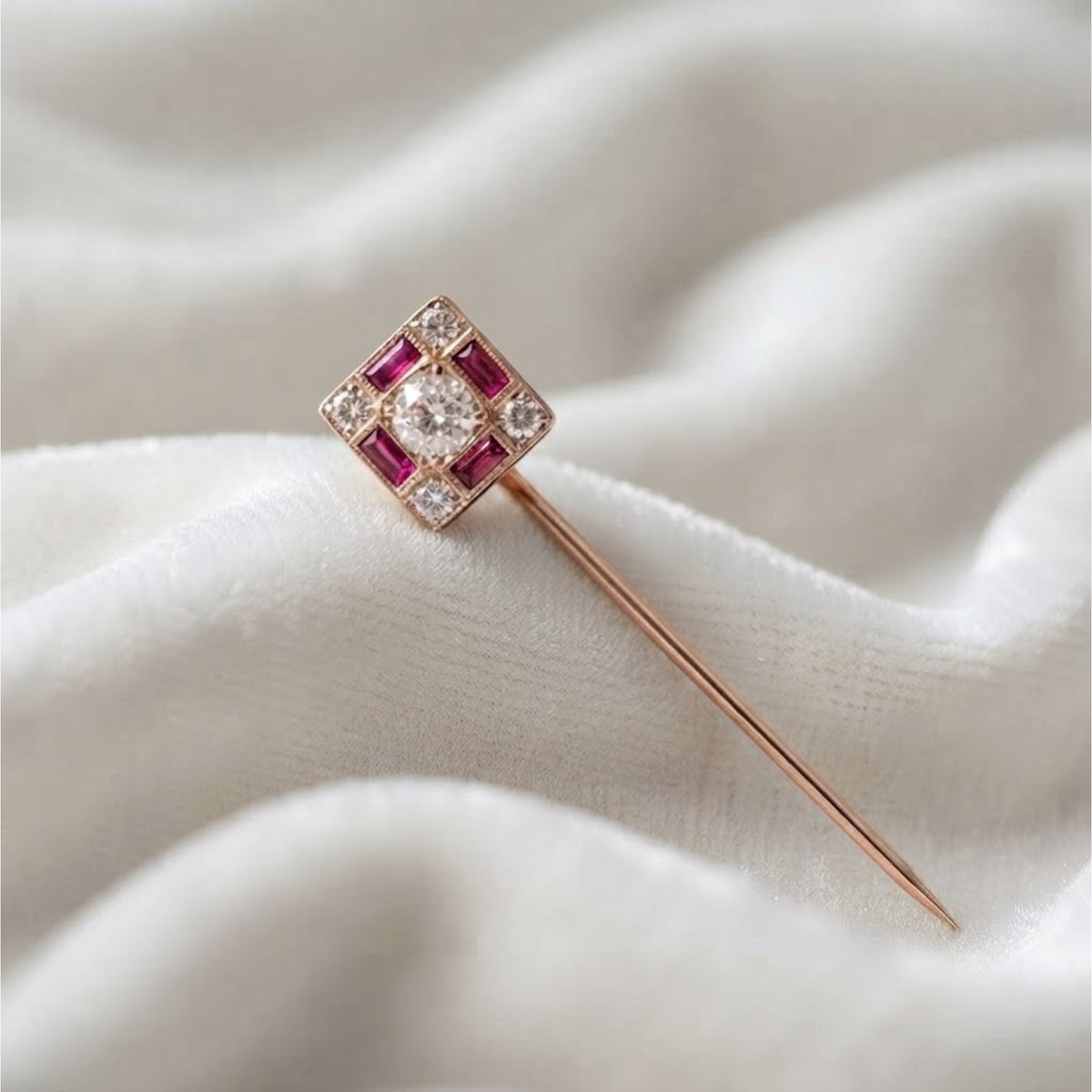 Baguette Cut Gemstones Vintage Ruby and Diamond Brooch