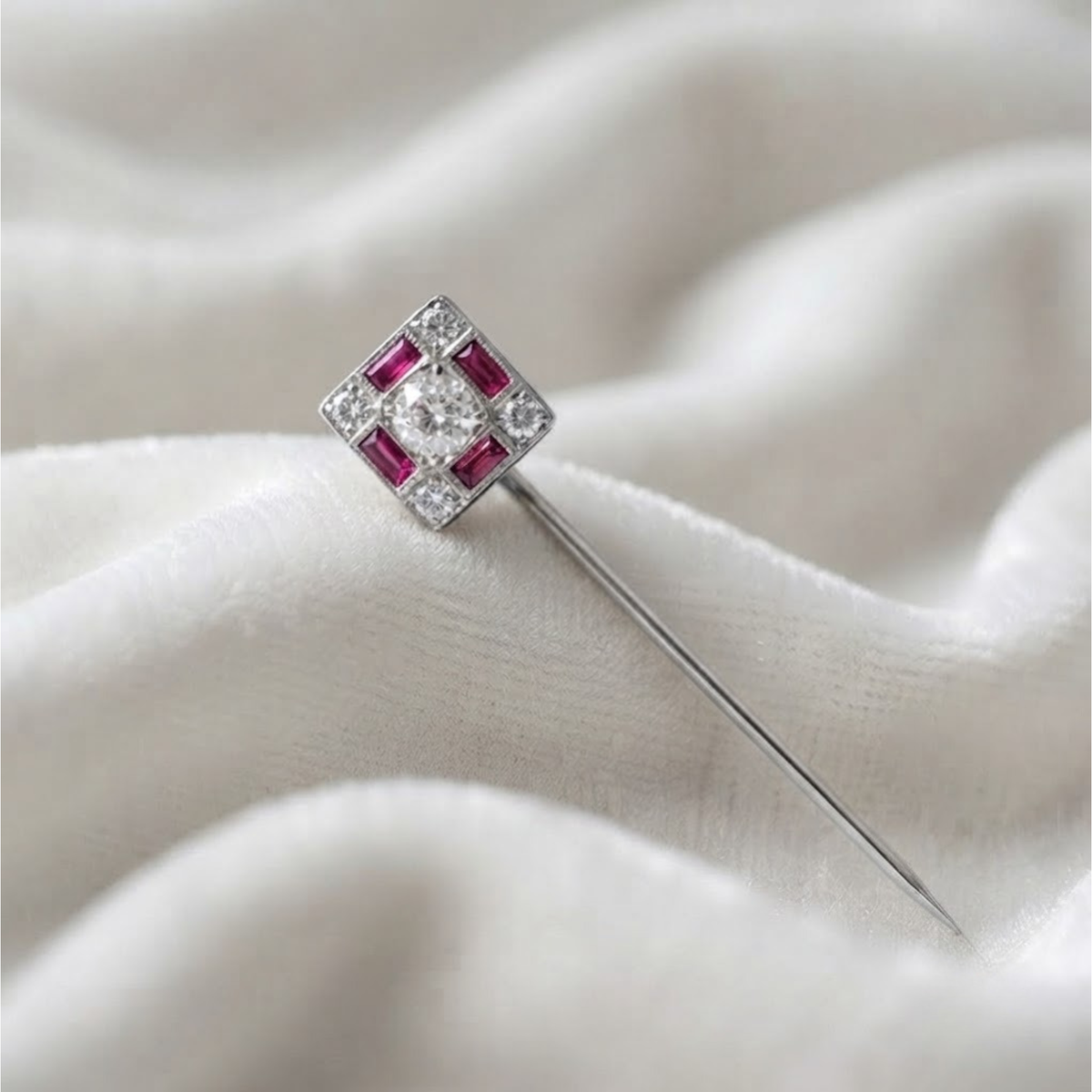 Baguette Cut Gemstones Vintage Ruby and Diamond Brooch