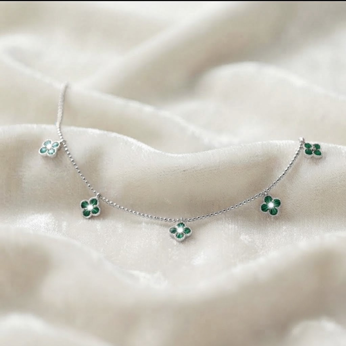 Gold Clover Necklace with Emerald Station Charm Pendant