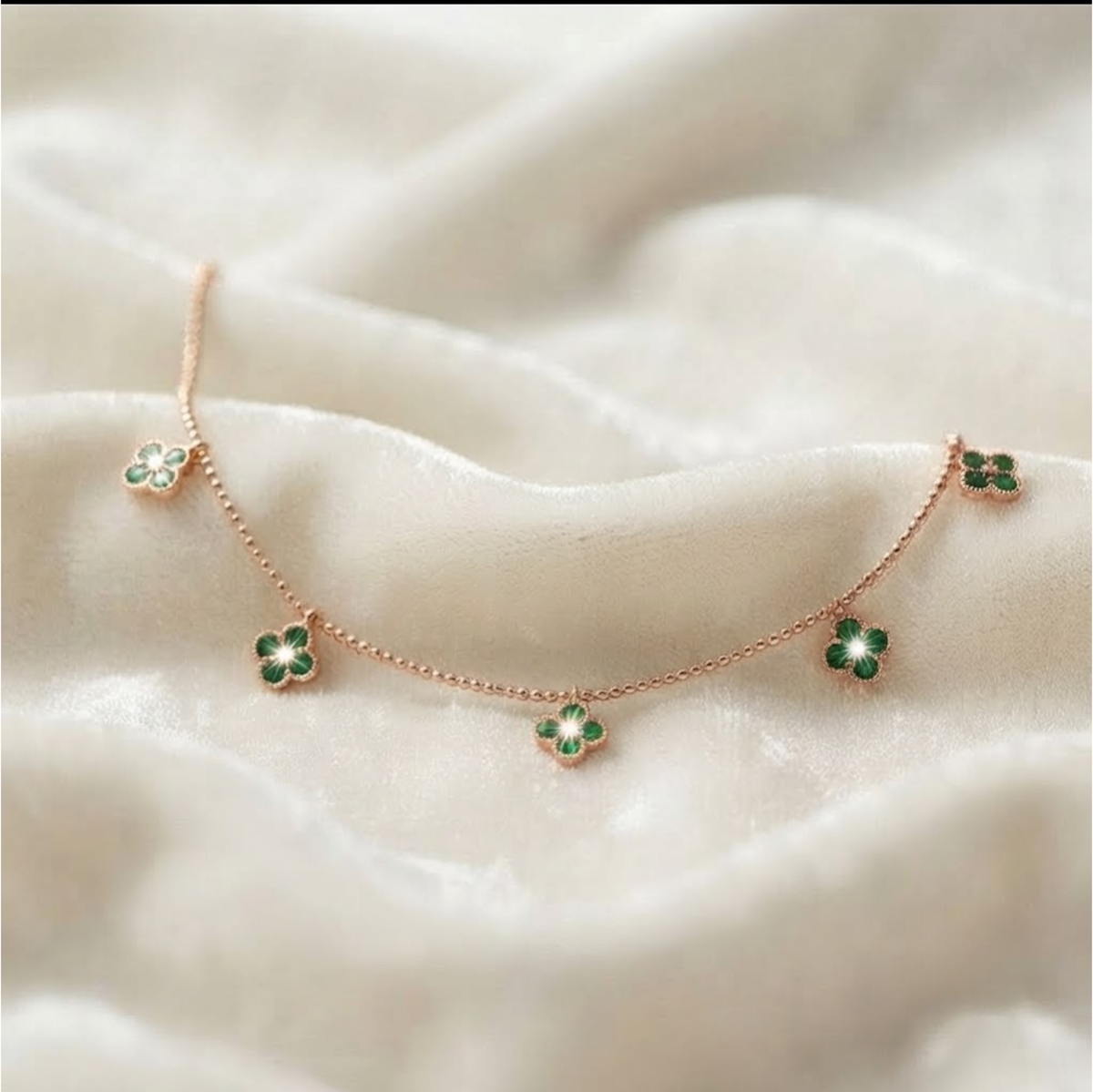 Gold Clover Necklace with Emerald Station Charm Pendant