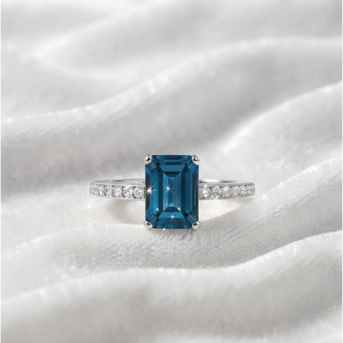 London Blue Topaz Emerald Cut Engagement Ring