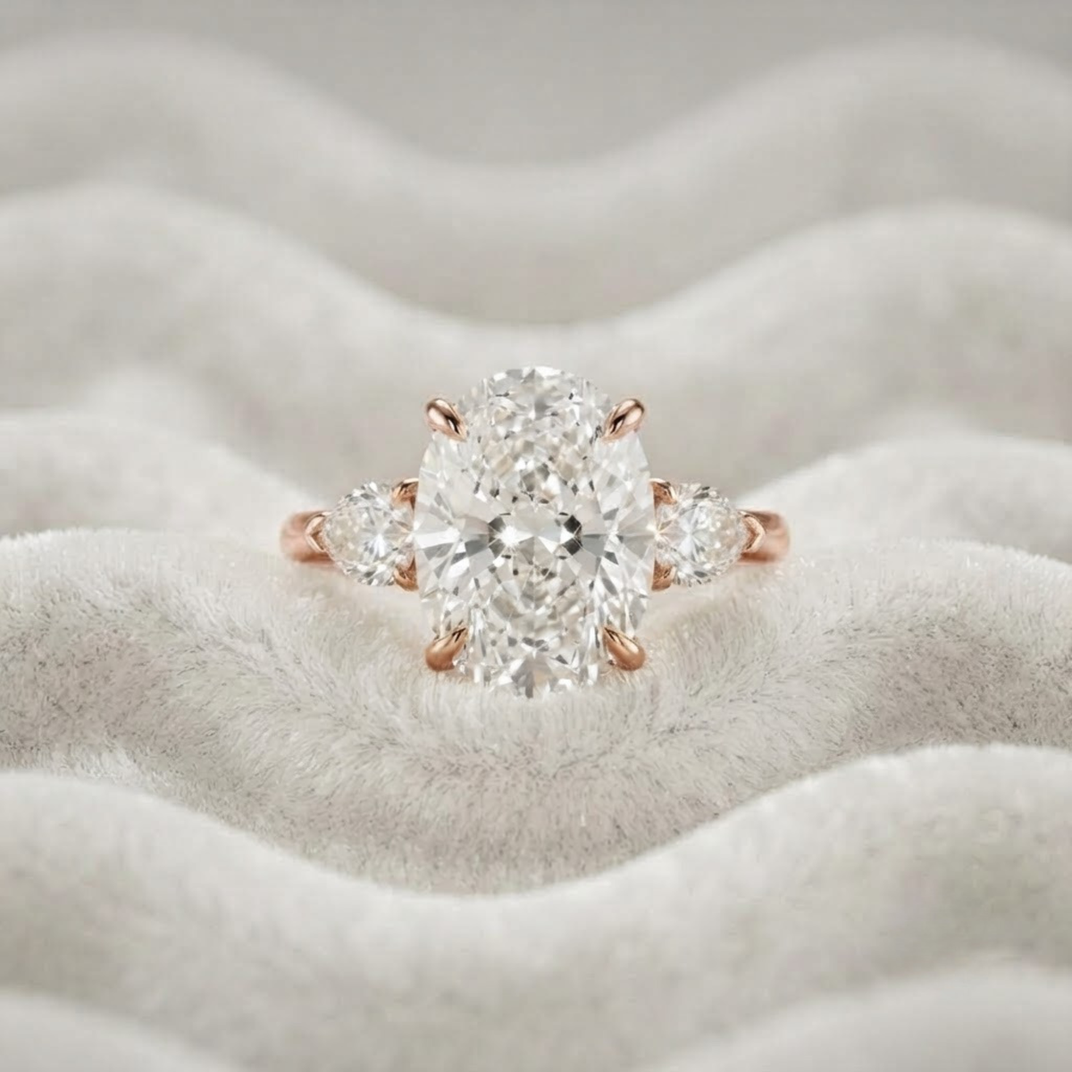 Verlobungsring aus 14K Gold mit ovalem, im Labor gezüchtetem 5 Karat F VS1 Diamanten und drei Steinen