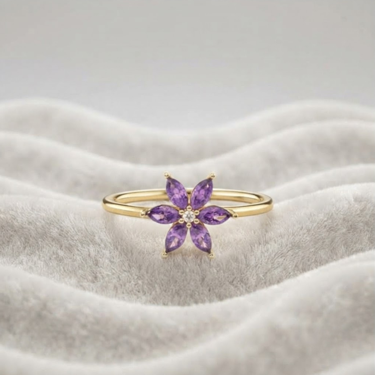 14K Gold Amethyst Blume Minimalistischer Ring | Februar Geburtsstein Ring