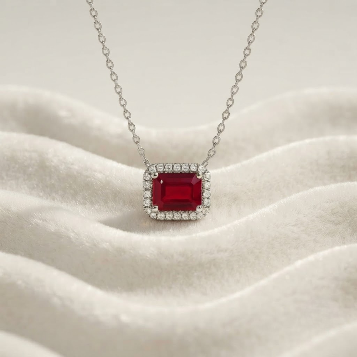 Halskette aus 14 Karat Gold mit Diamanten und Smaragd-geschliffenem Rubin