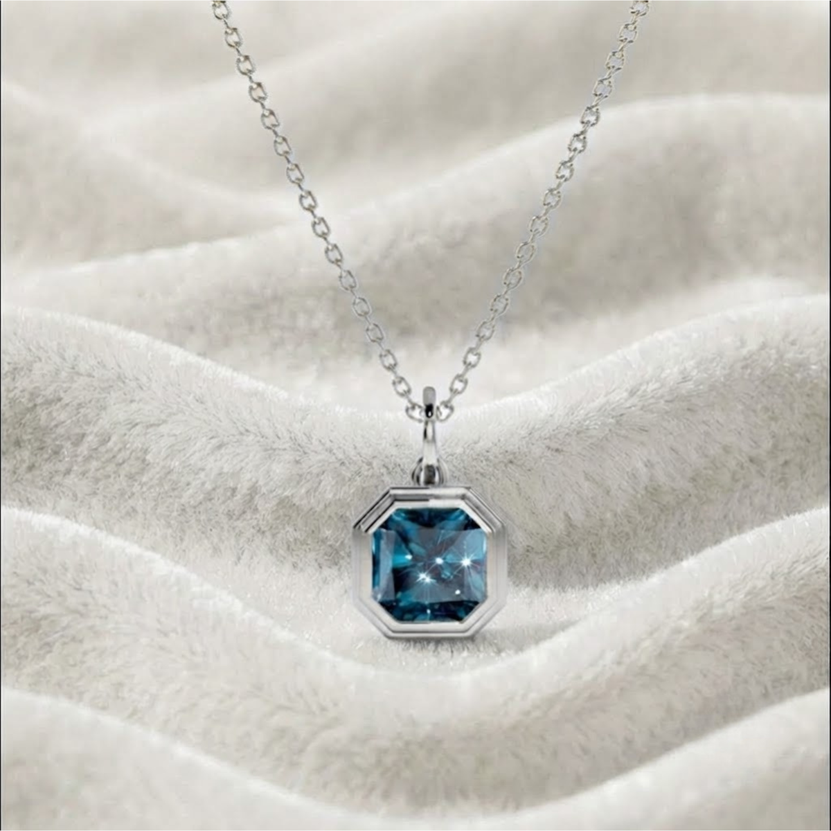 Asscher Cut Bezel Set Pendant  Blue Topaz Necklace