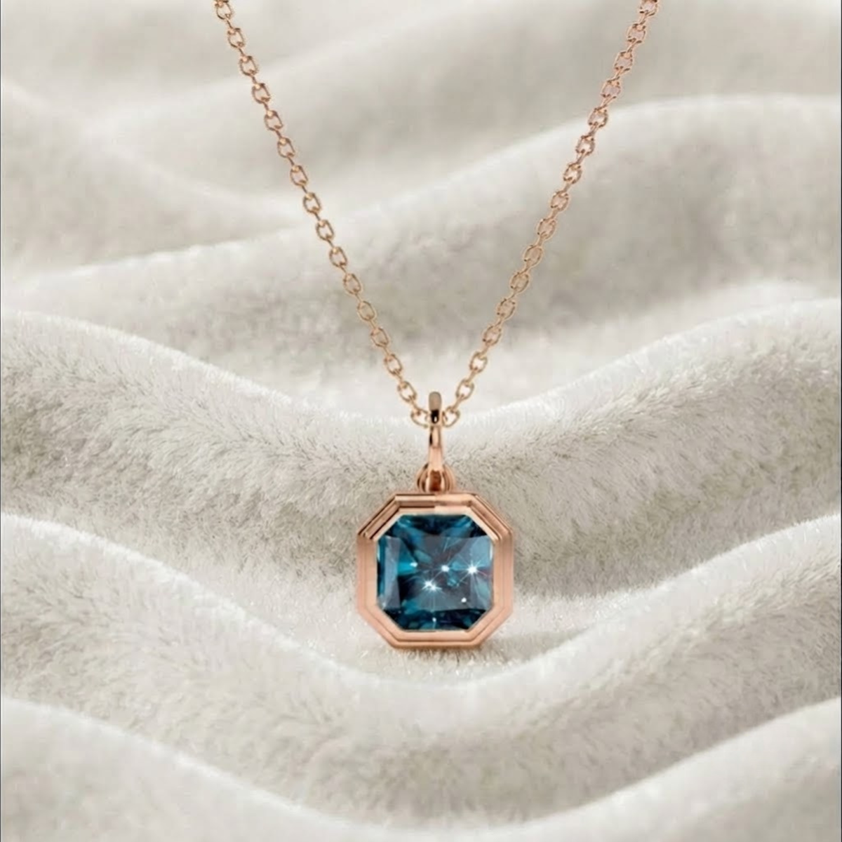 Asscher Cut Bezel Set Pendant  Blue Topaz Necklace