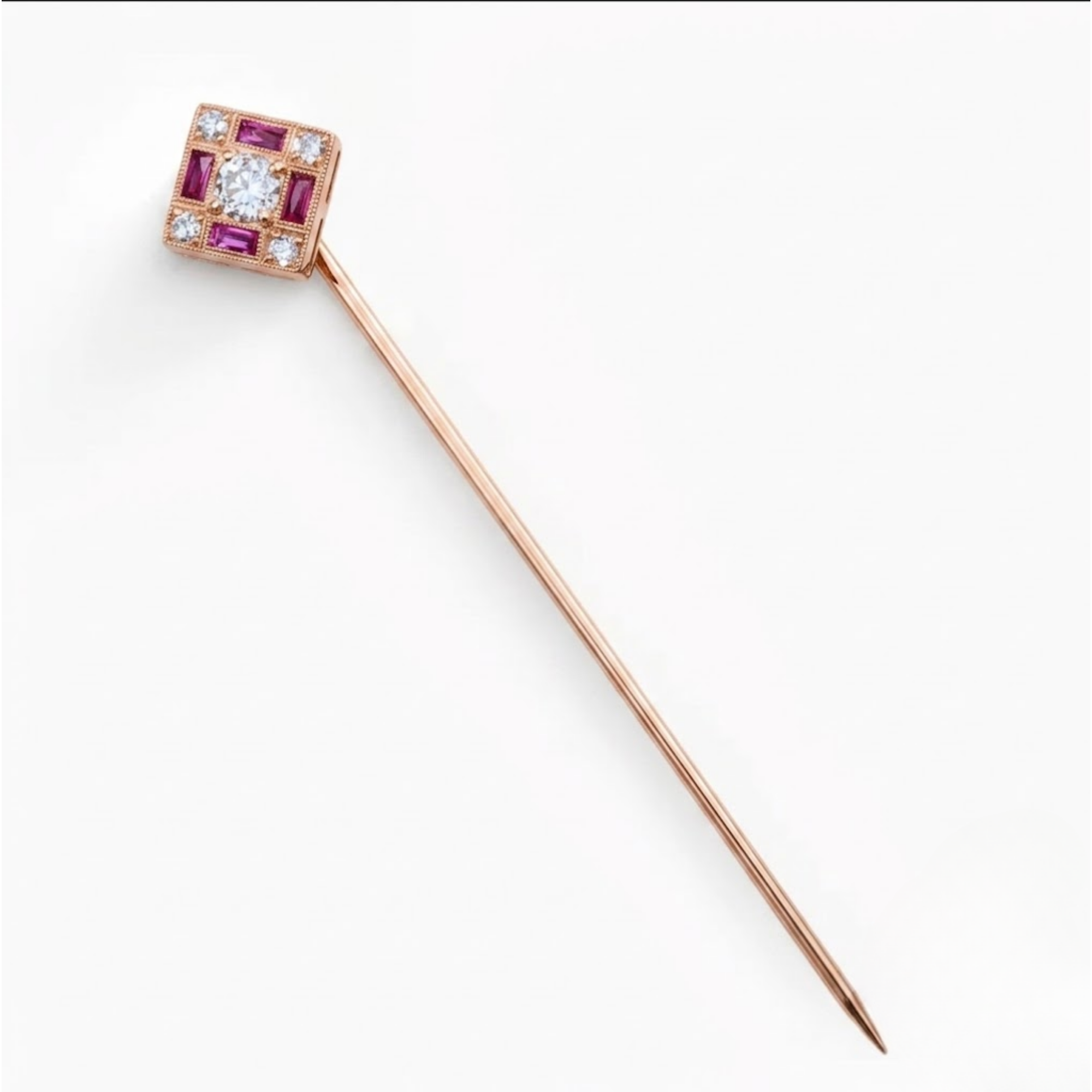 Baguette Cut Gemstones Vintage Ruby and Diamond Brooch