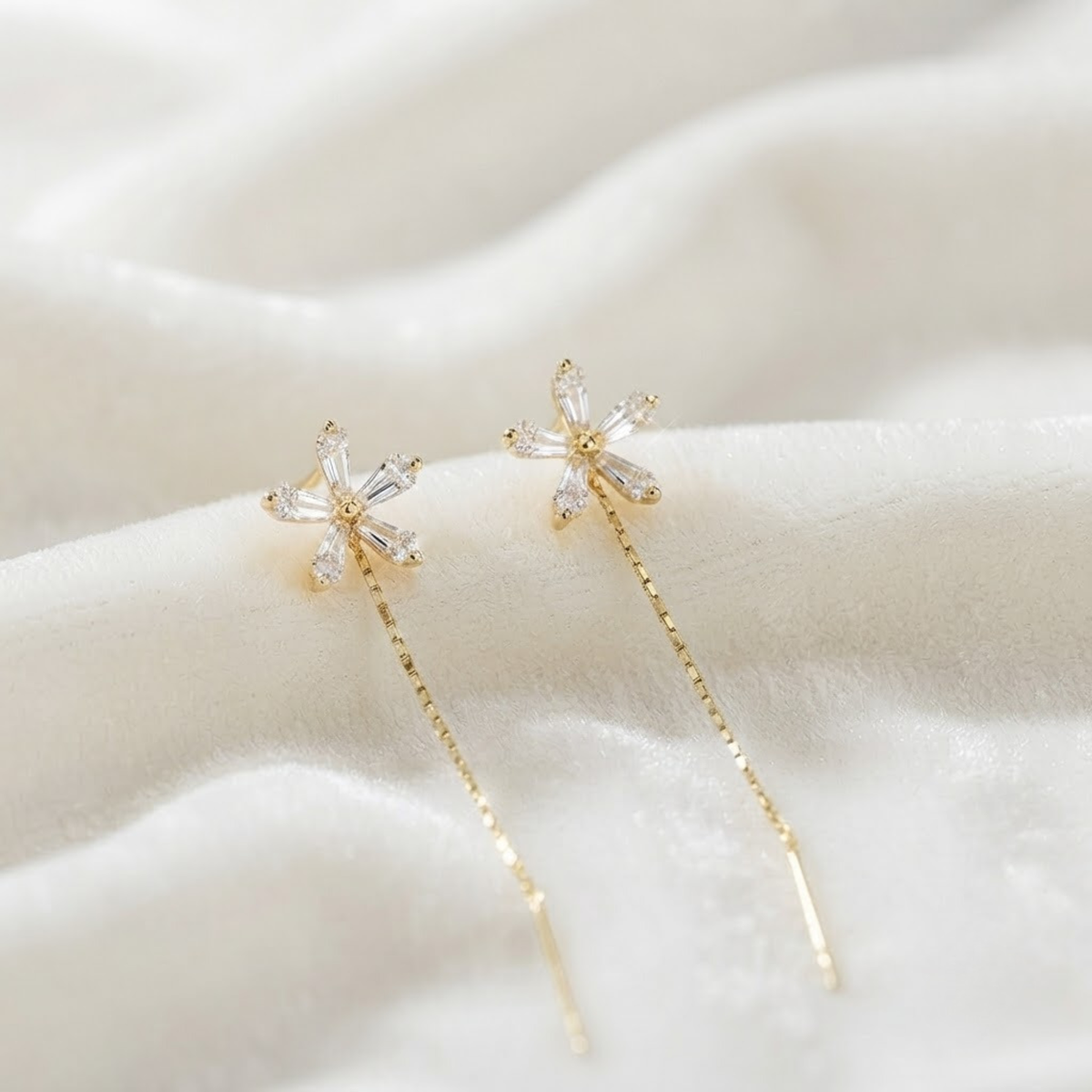 Diamond Flower Chain Drop Earrings