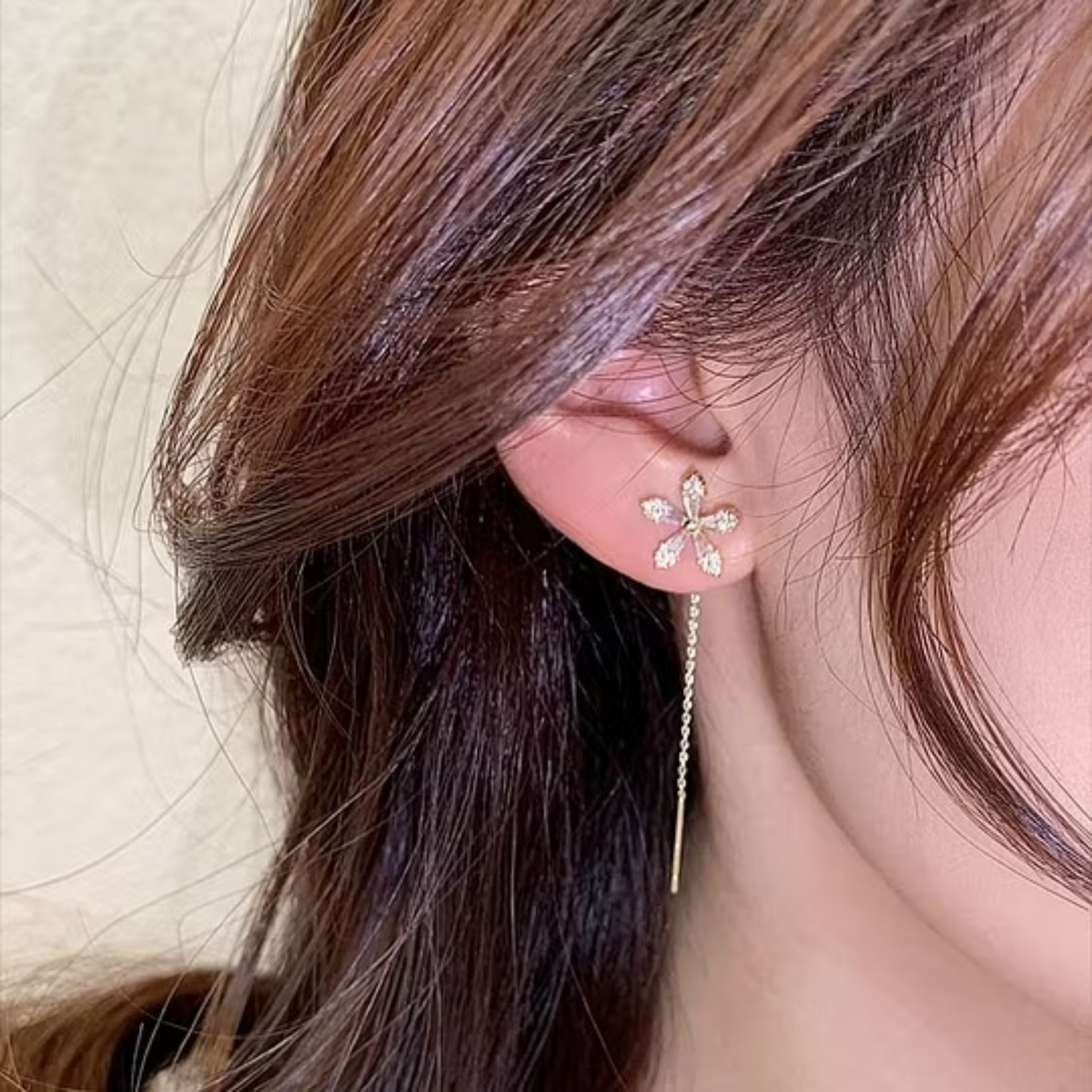 Diamond Flower Chain Drop Earrings