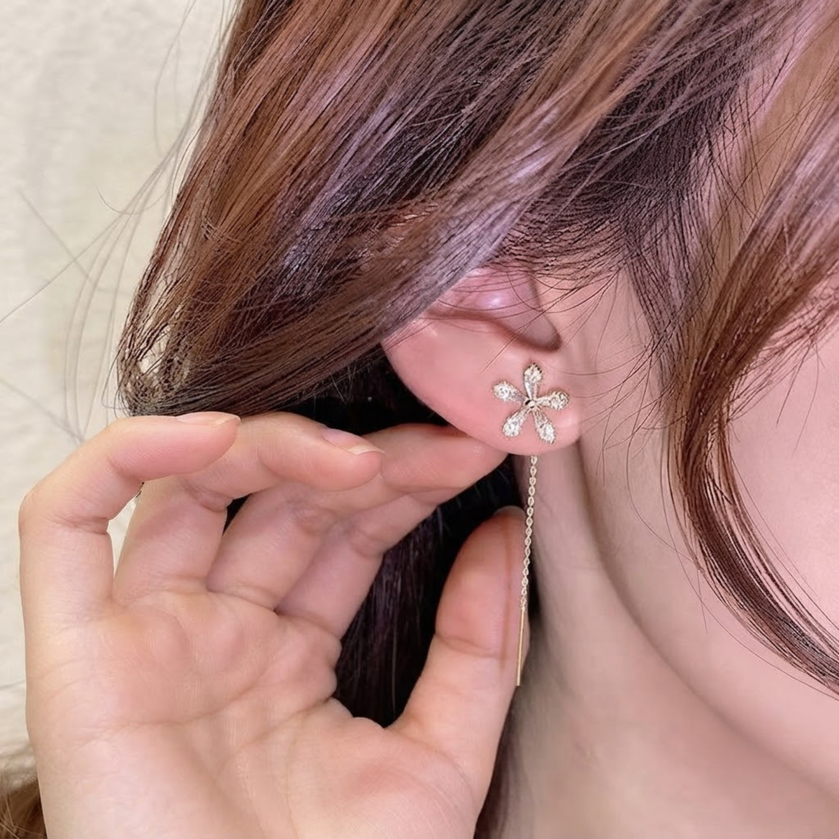 Diamond Flower Chain Drop Earrings