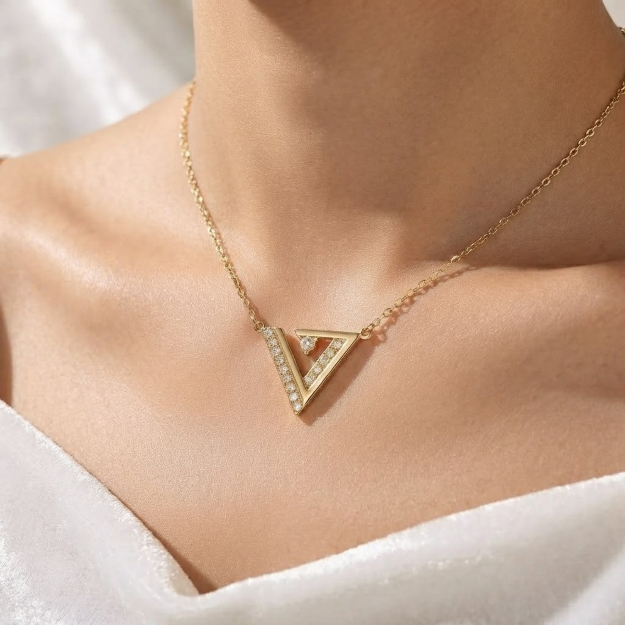 Diamond V Pendant Necklace, 14K Solid Gold Geometric Necklace