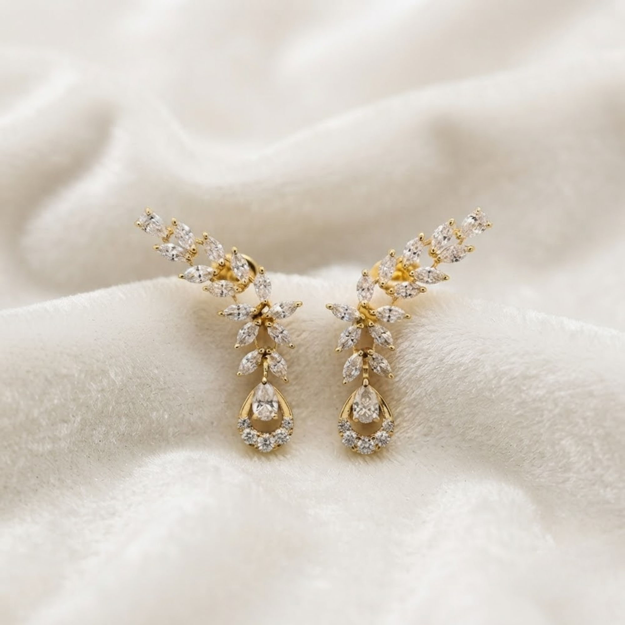 Marquise Pear Diamond Drop Earrings, 14K Solid Gold Leaf Earrings