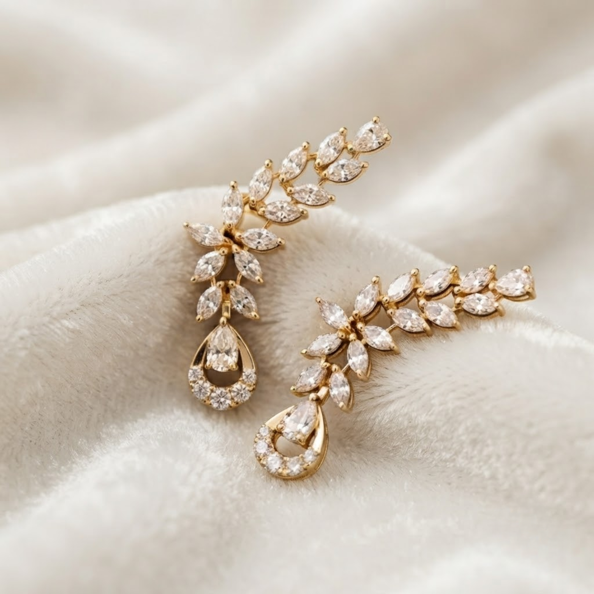 Marquise Pear Diamond Drop Earrings, 14K Solid Gold Leaf Earrings