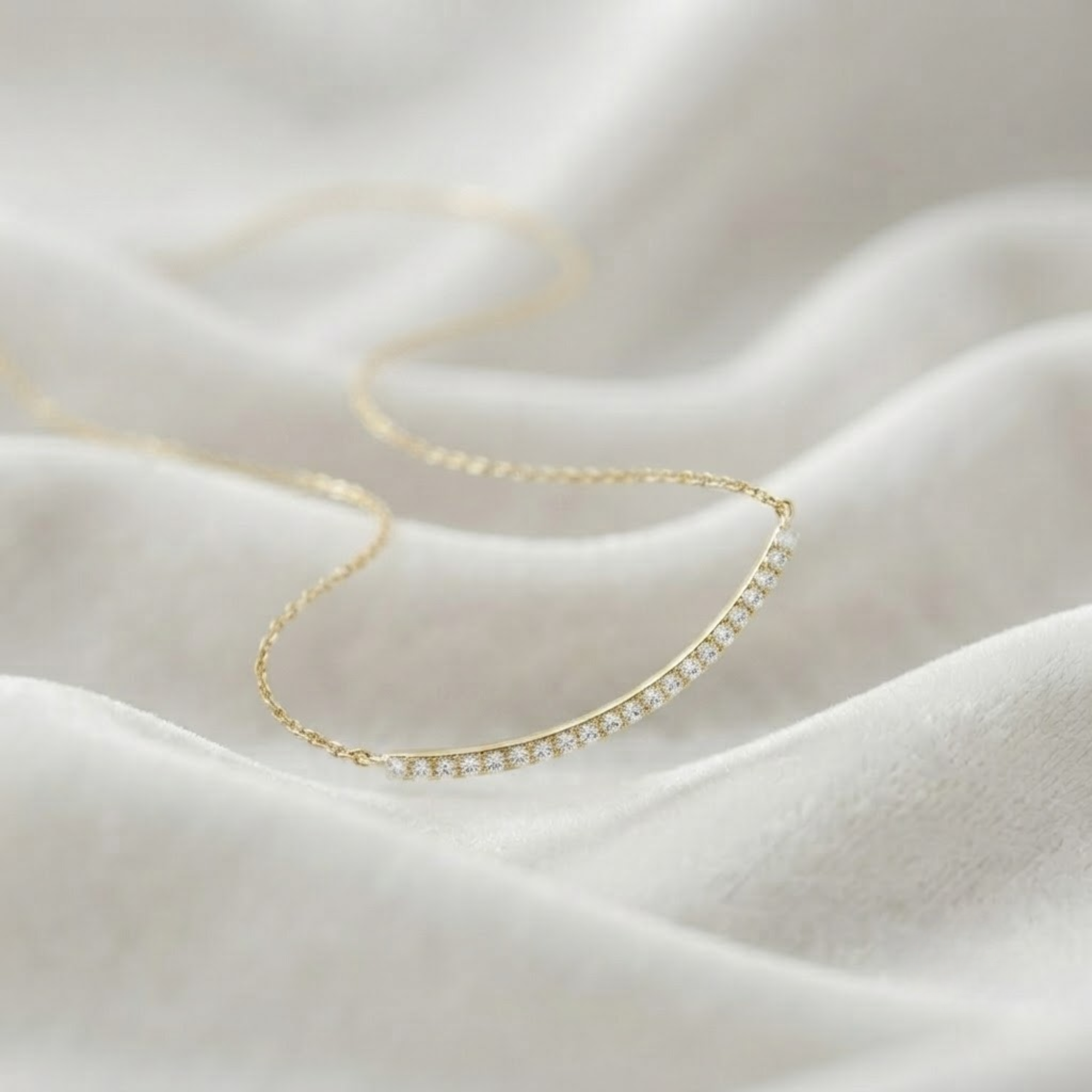 Diamond Curved Bar Necklace, 14K Solid Gold Minimalist Diamond Necklace