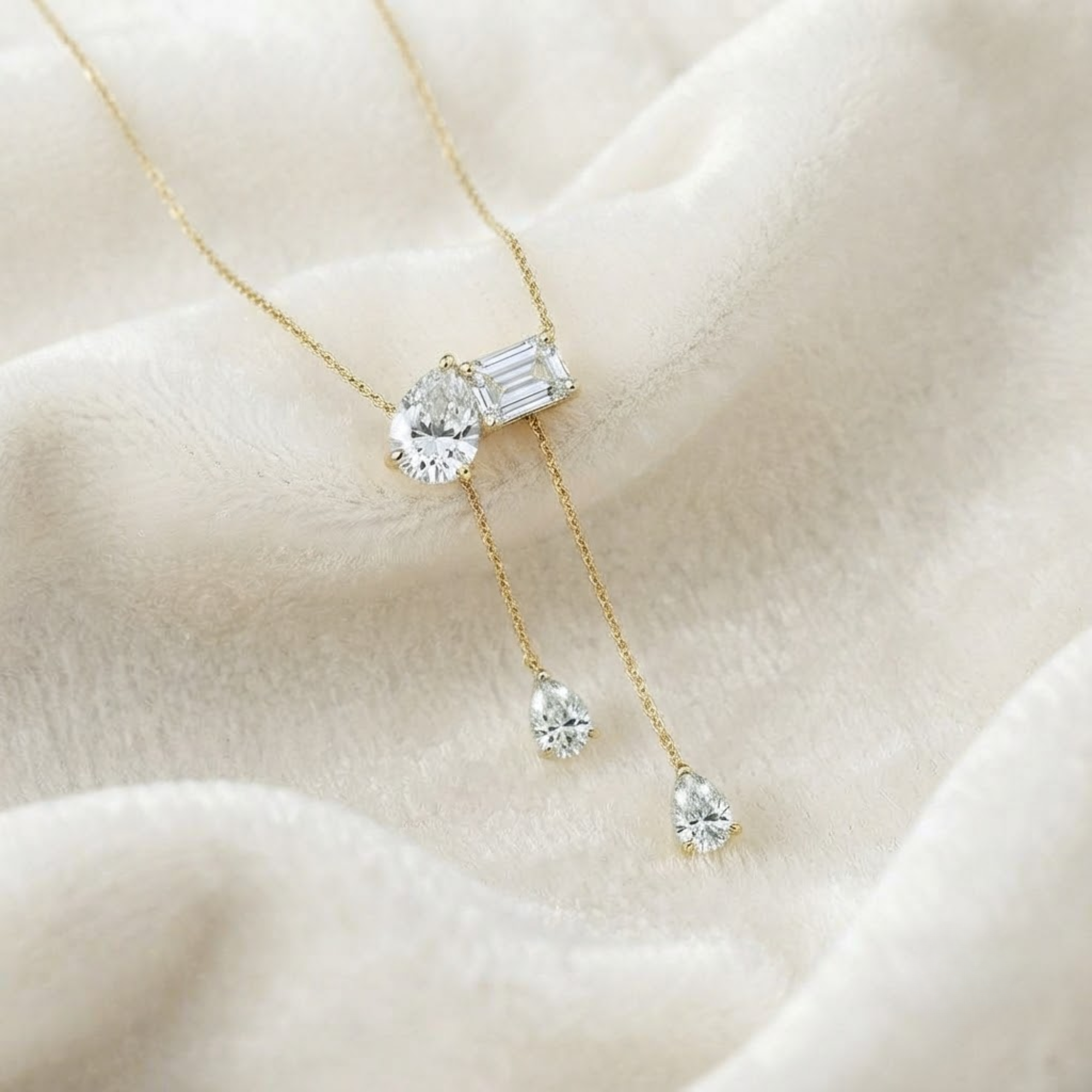 Pear & Emerald Cut Diamond Drop Necklace in 14K Solid Gold