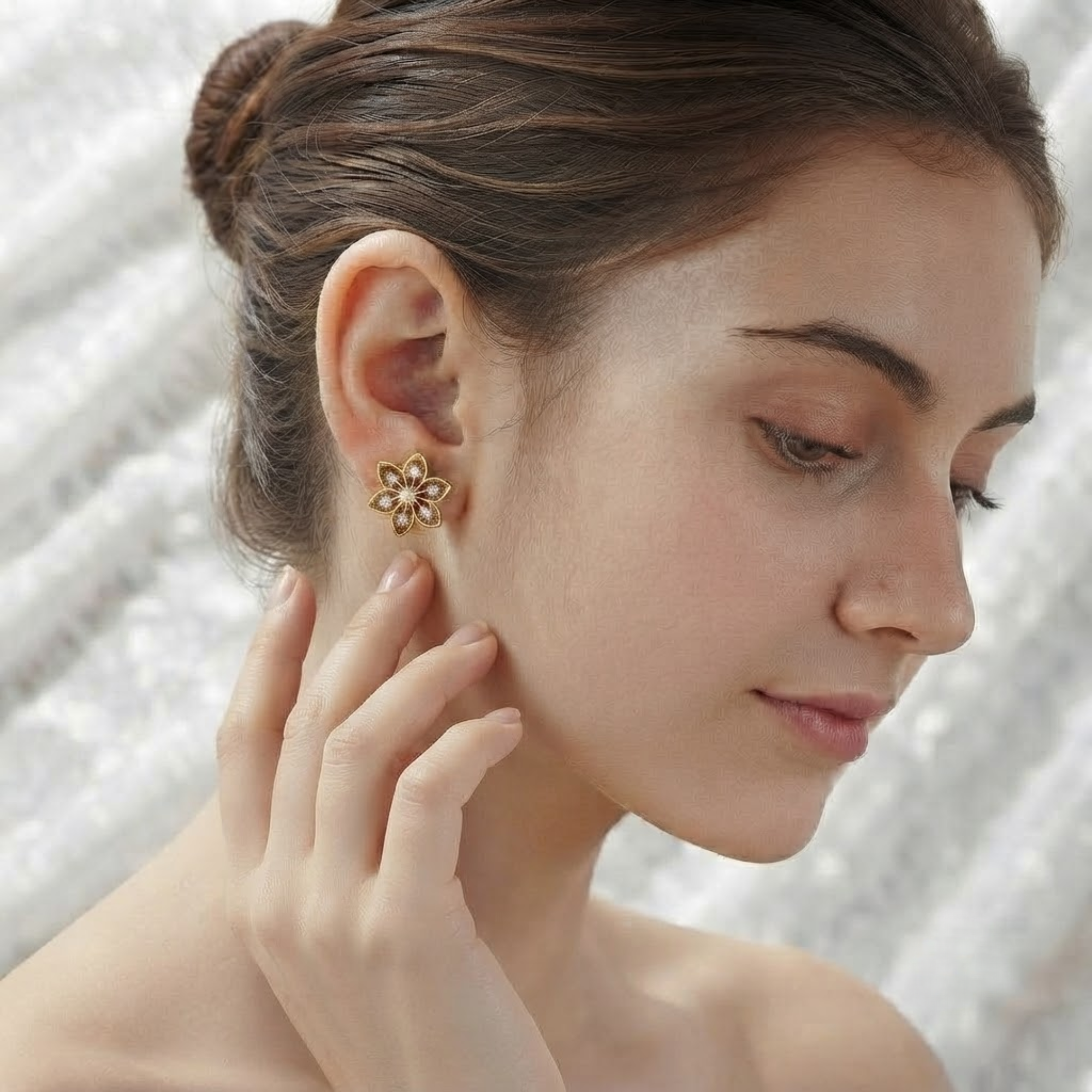 Diamond Flower Stud Earrings, Floral Earrings in 14K Solid Gold