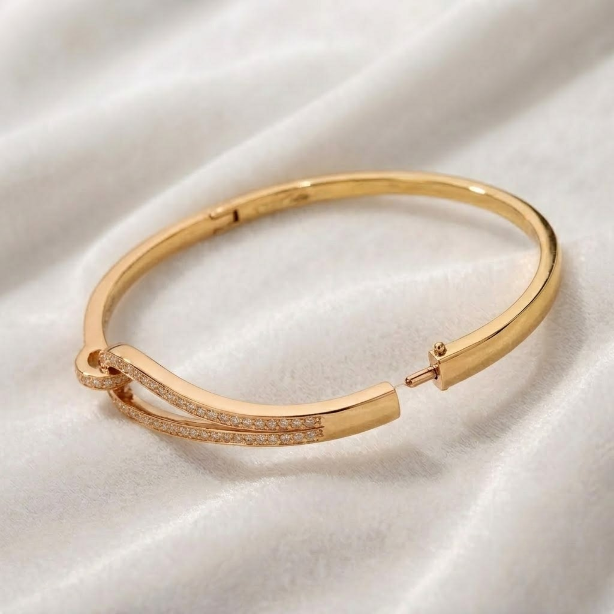 Diamond Crossover Bangle Bracelet, Pave Knot Bracelet in 14K Solid Gold