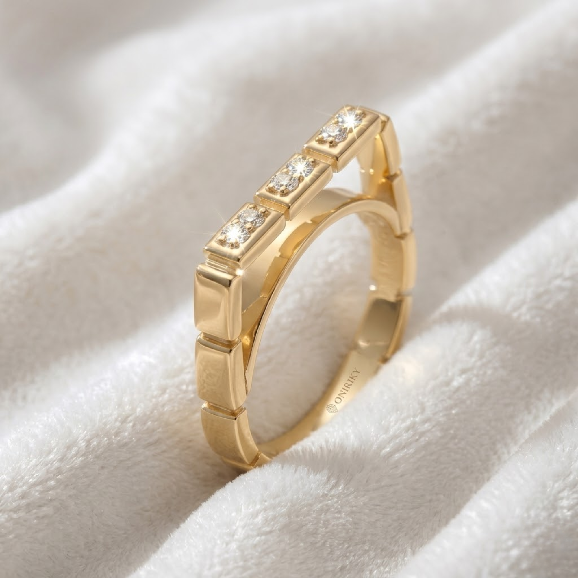Diamond Band Ring, Geometric Square Link Ring in 14K Solid Gold