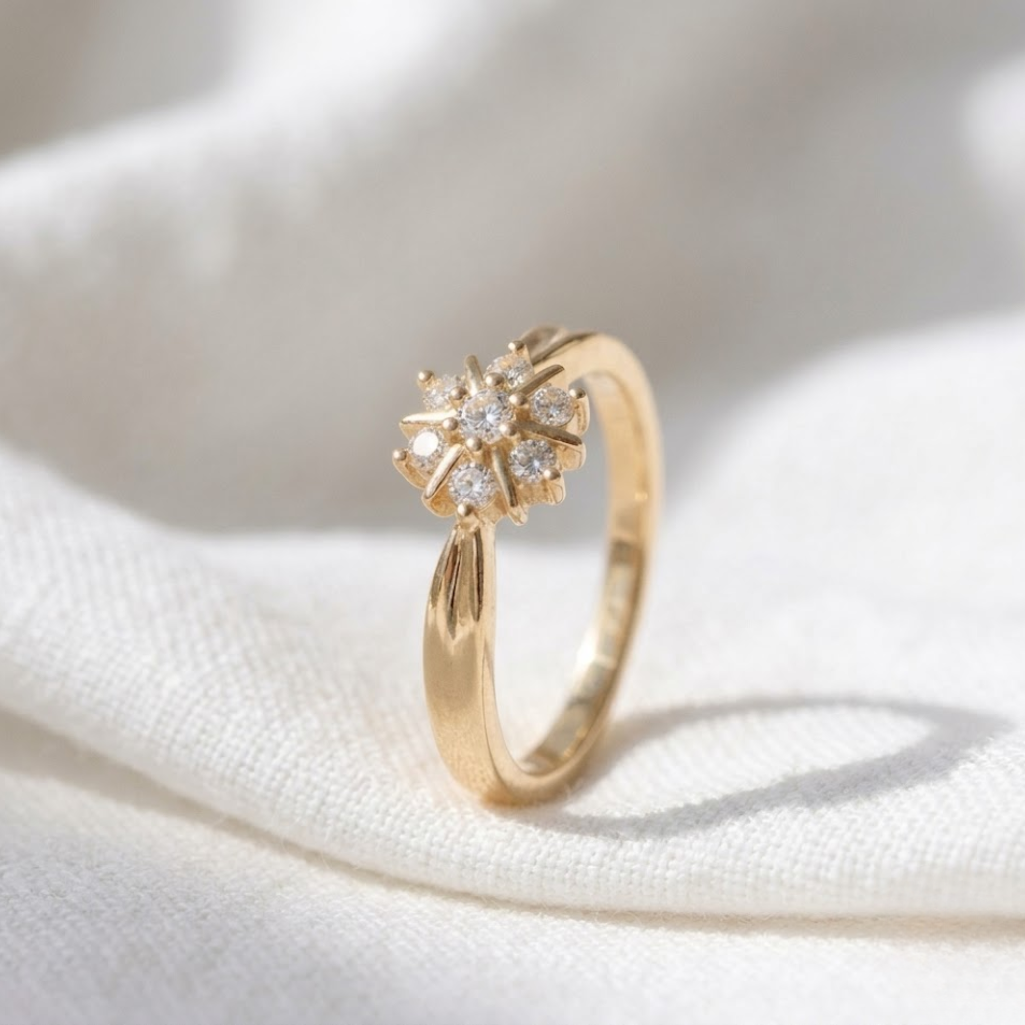 Round Diamond Cluster Ring, Floral Engagement Ring in 14K Solid Gold