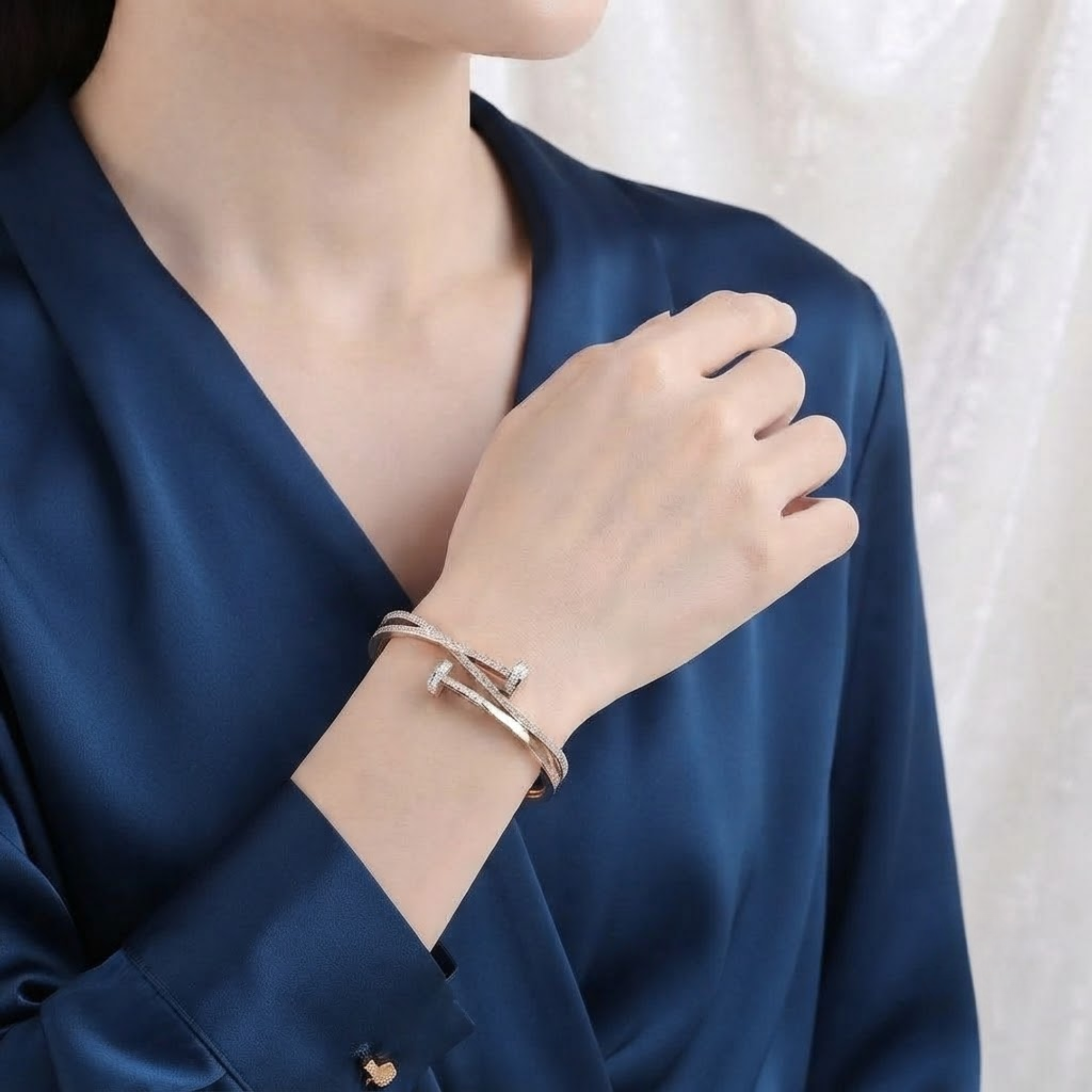 Diamond Crossover Bangle Bracelet, Pave Bypass Bracelet in 14K Solid Gold