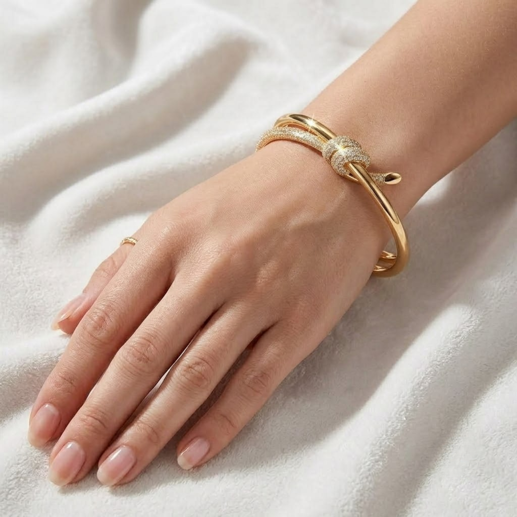 Diamond Knot Bangle Bracelet, Double Row Pave Bracelet in 14K Solid Gold
