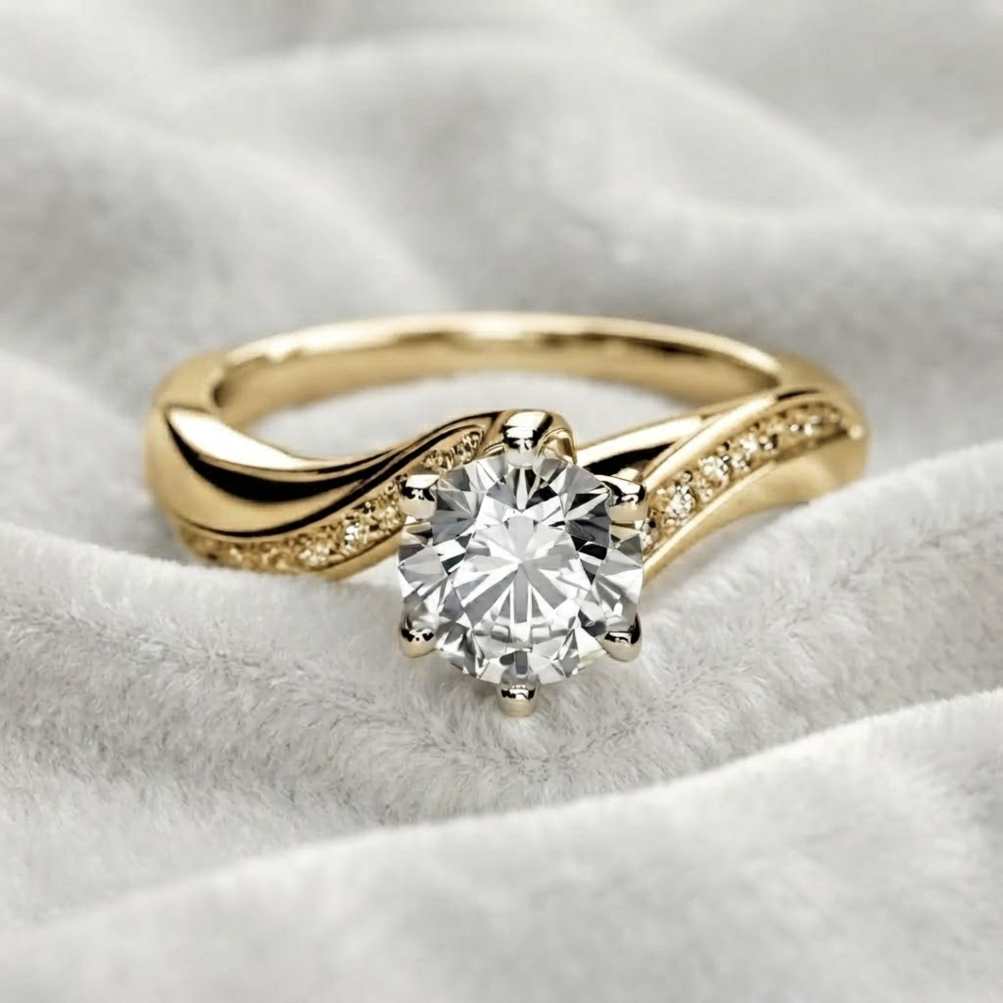 1 CT Round Diamond Engagement Ring, Twist Pave Ring in 14K Solid Gold