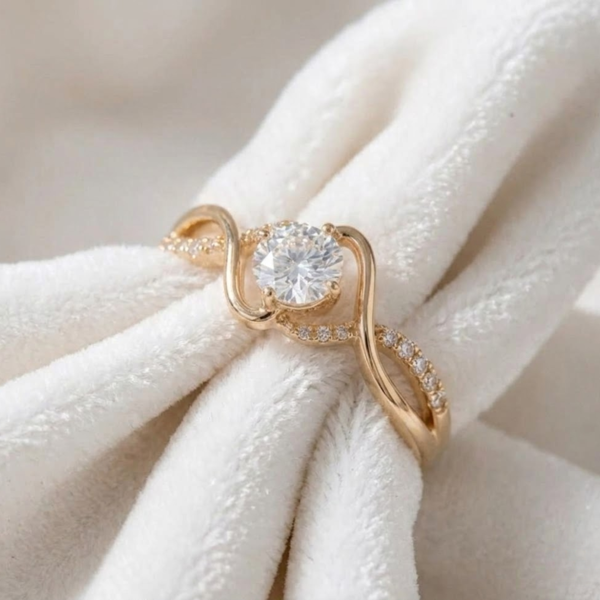 Round Diamond Engagement Ring, Infinity Twist Ring in 14K Solid Gold