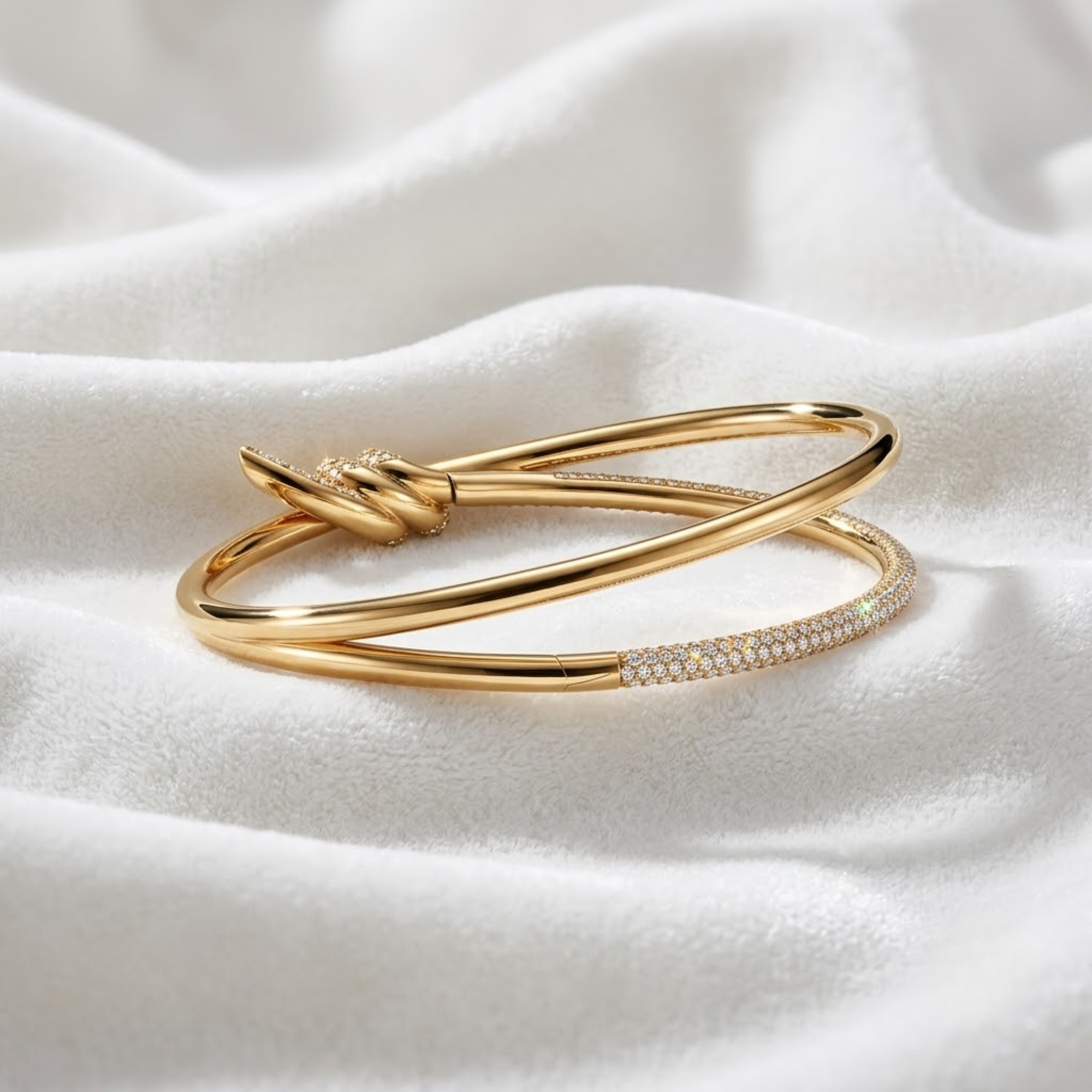 Diamond Knot Bangle Bracelet, Double Row Pave Bracelet in 14K Solid Gold