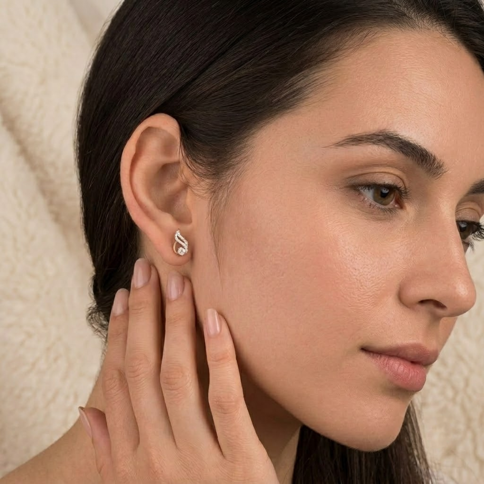 Diamond Leaf Stud Earrings, Swirl Earrings in 14K Solid Gold
