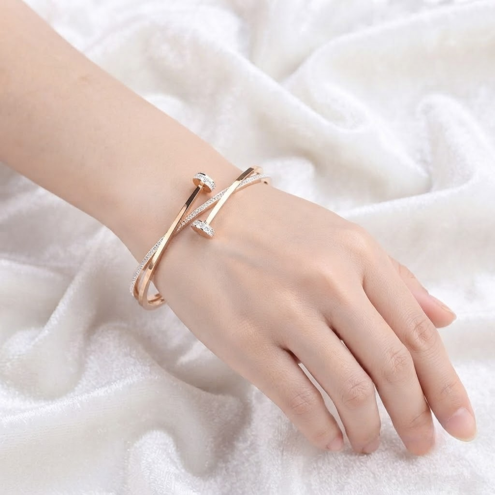 Diamond Crossover Bangle Bracelet, Pave Bypass Bracelet in 14K Solid Gold