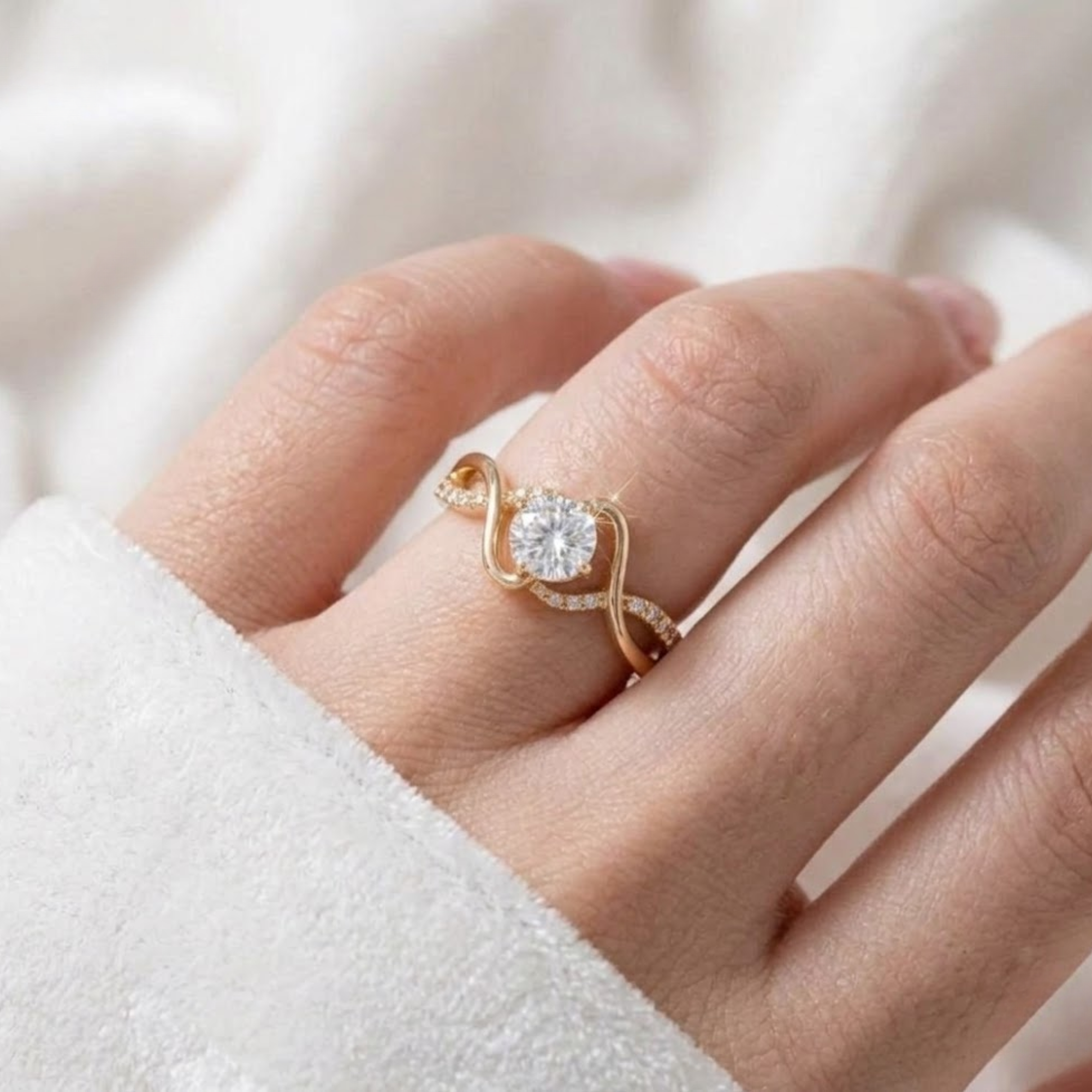 Round Diamond Engagement Ring, Infinity Twist Ring in 14K Solid Gold