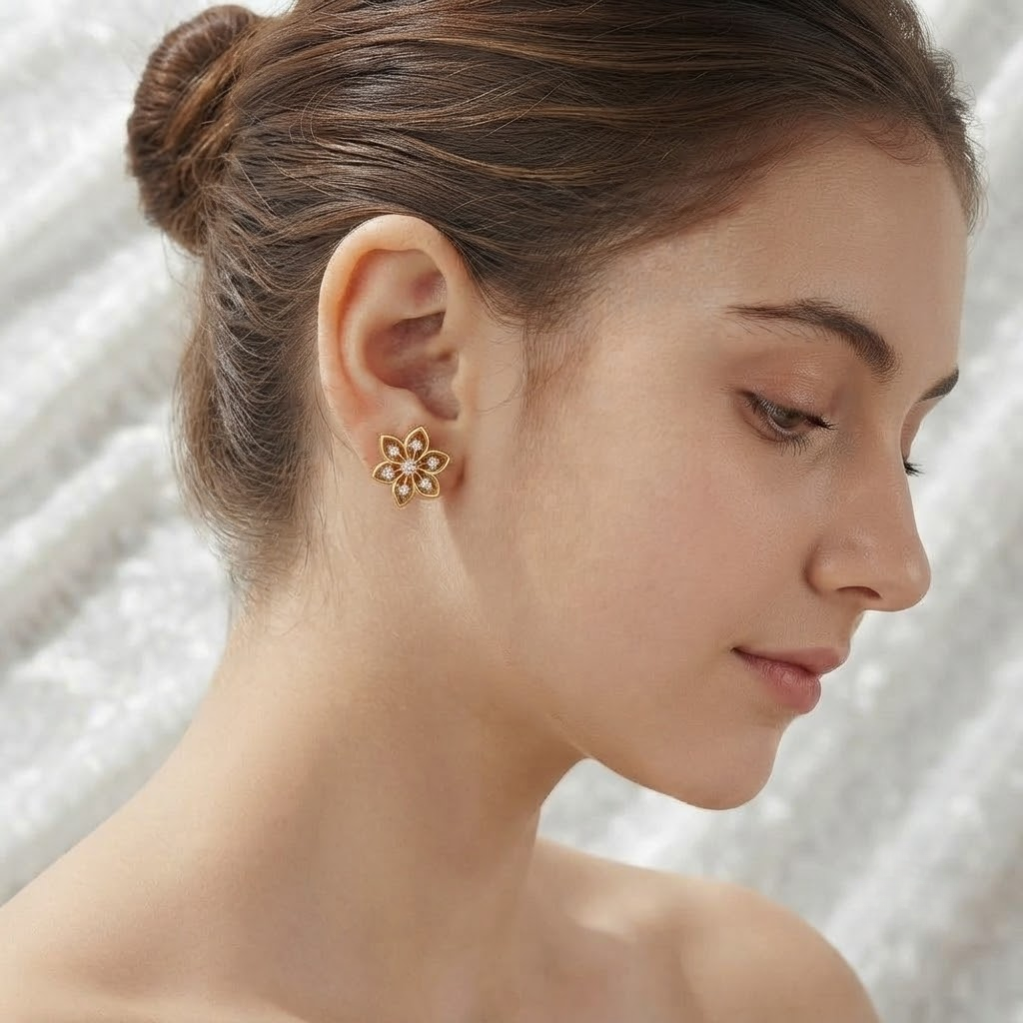 Diamond Flower Stud Earrings, Floral Earrings in 14K Solid Gold
