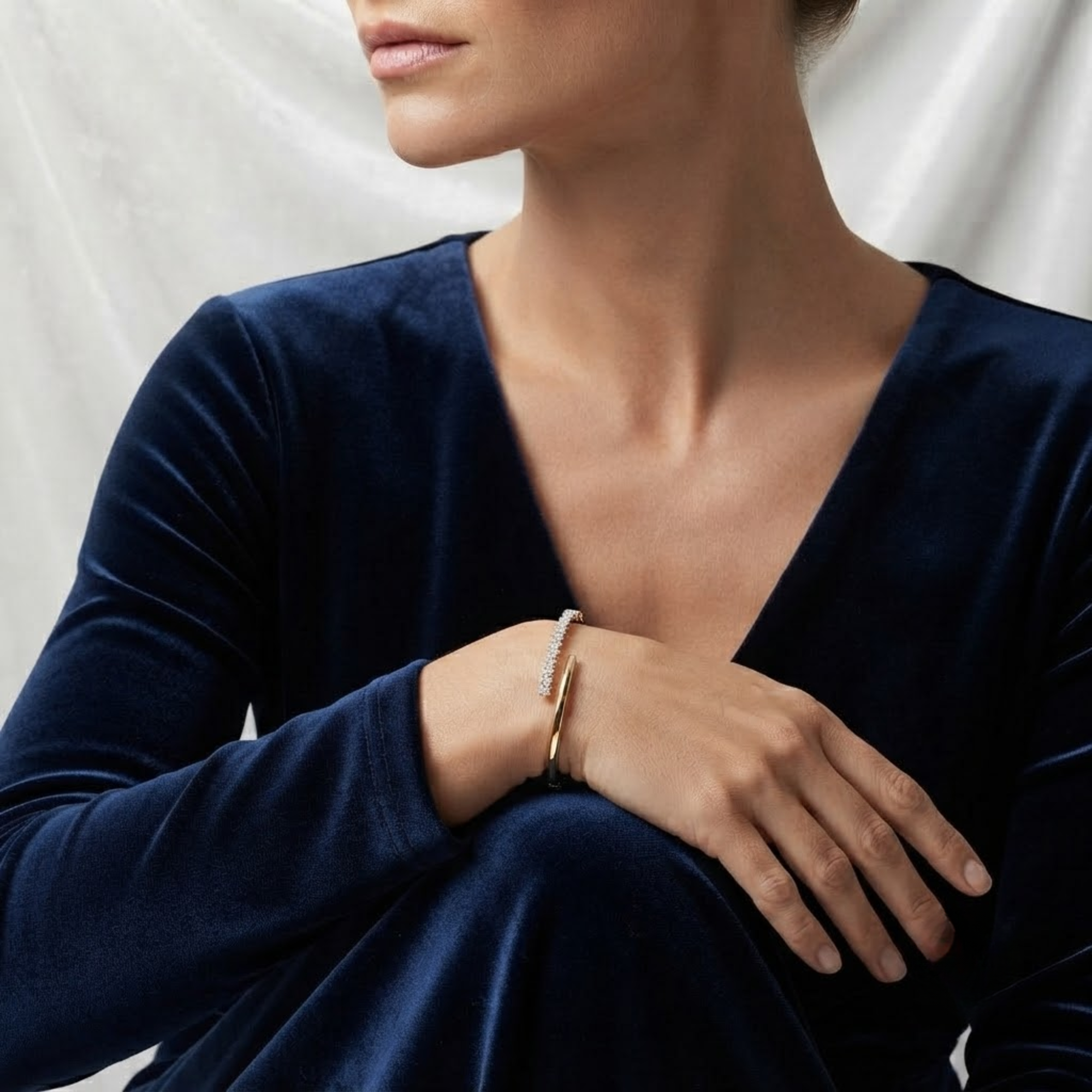 Round Diamond Open Cuff Bangle Bracelet in 14K Solid Gold
