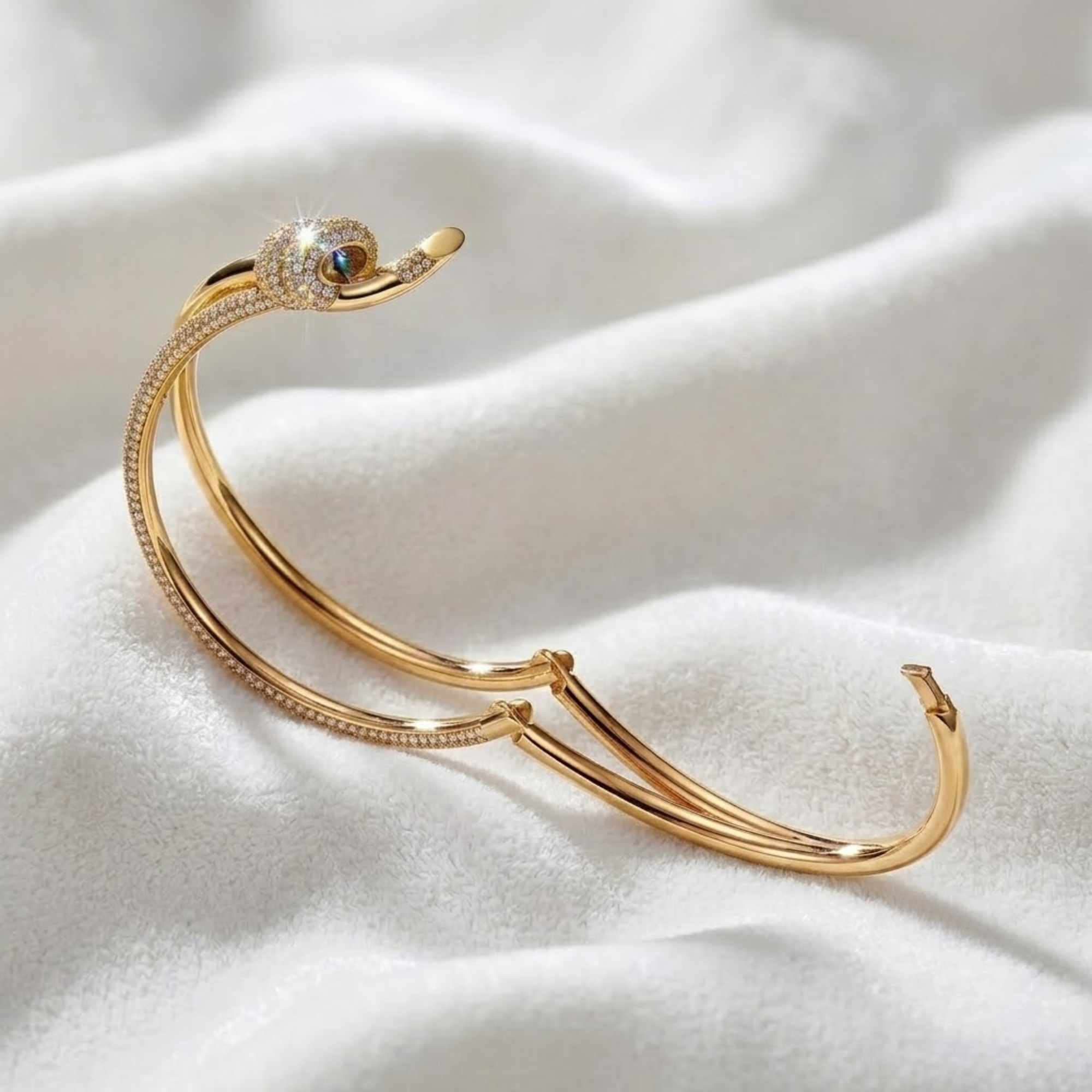 Diamond Knot Bangle Bracelet, Double Row Pave Bracelet in 14K Solid Gold