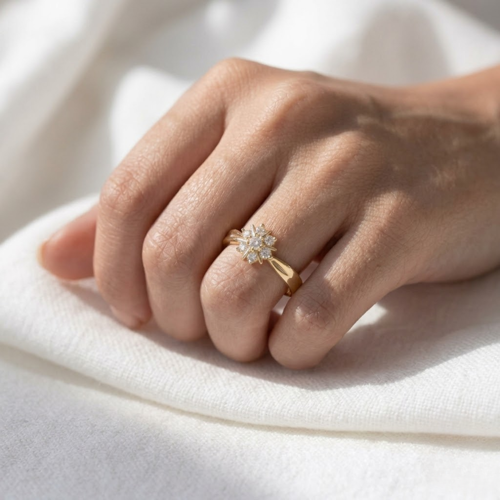 Round Diamond Cluster Ring, Floral Engagement Ring in 14K Solid Gold