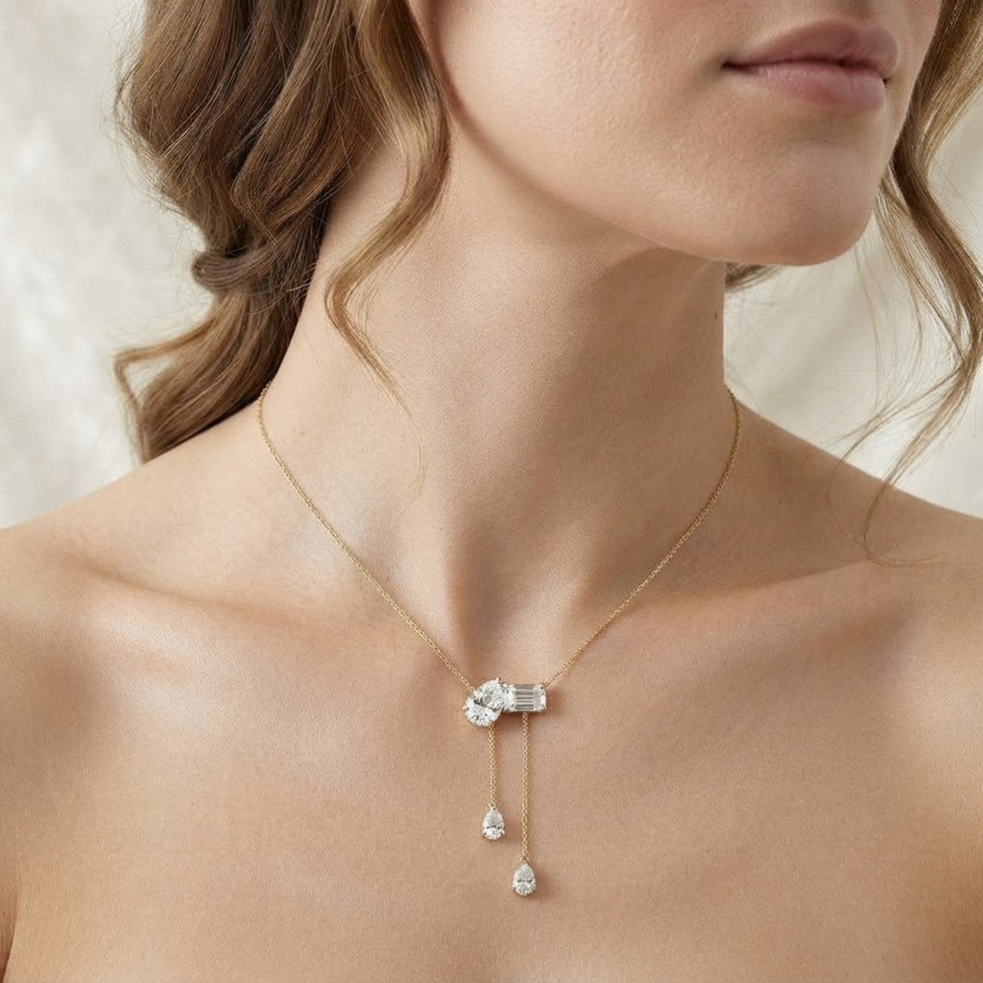 Pear & Emerald Cut Diamond Drop Necklace in 14K Solid Gold
