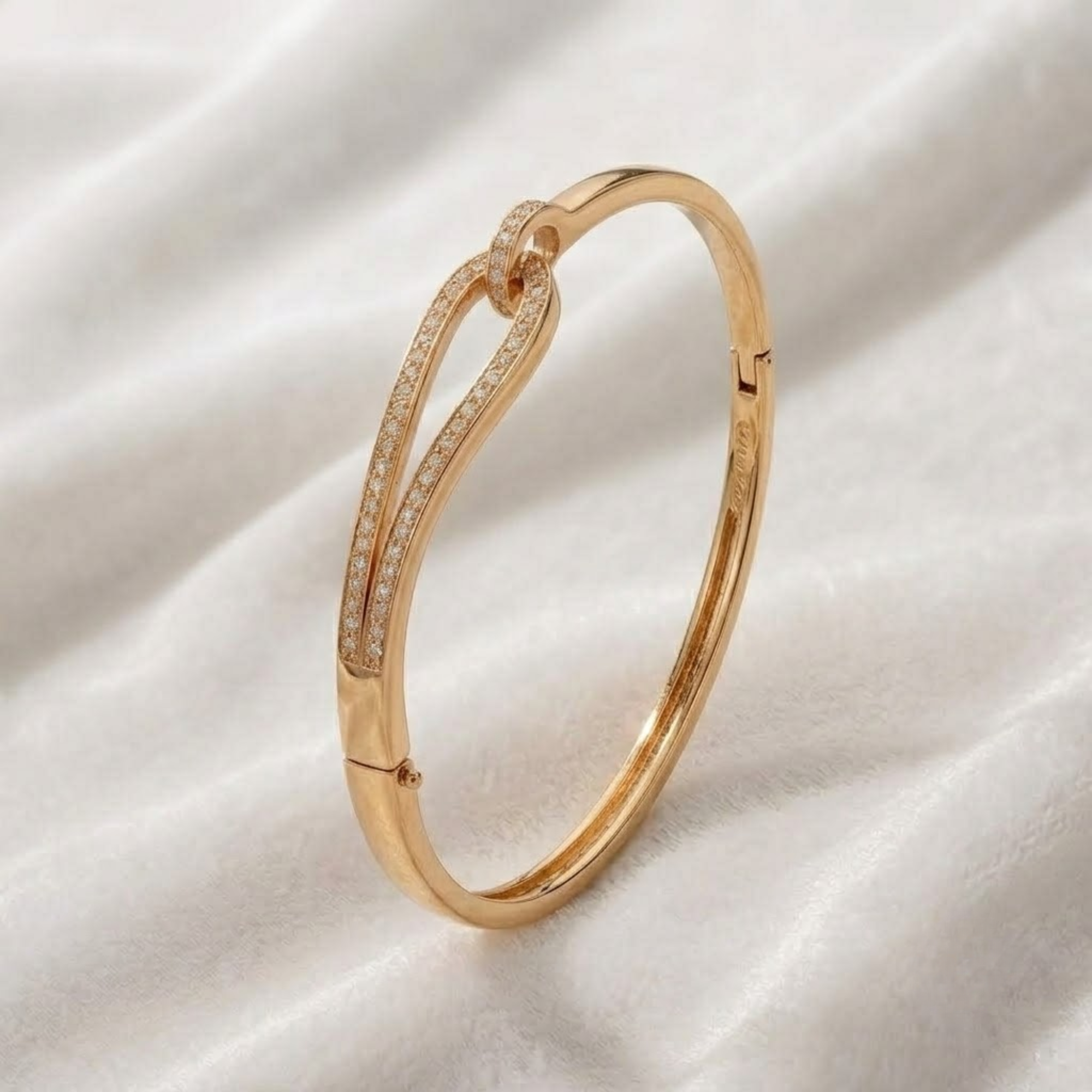 Diamond Crossover Bangle Bracelet, Pave Knot Bracelet in 14K Solid Gold