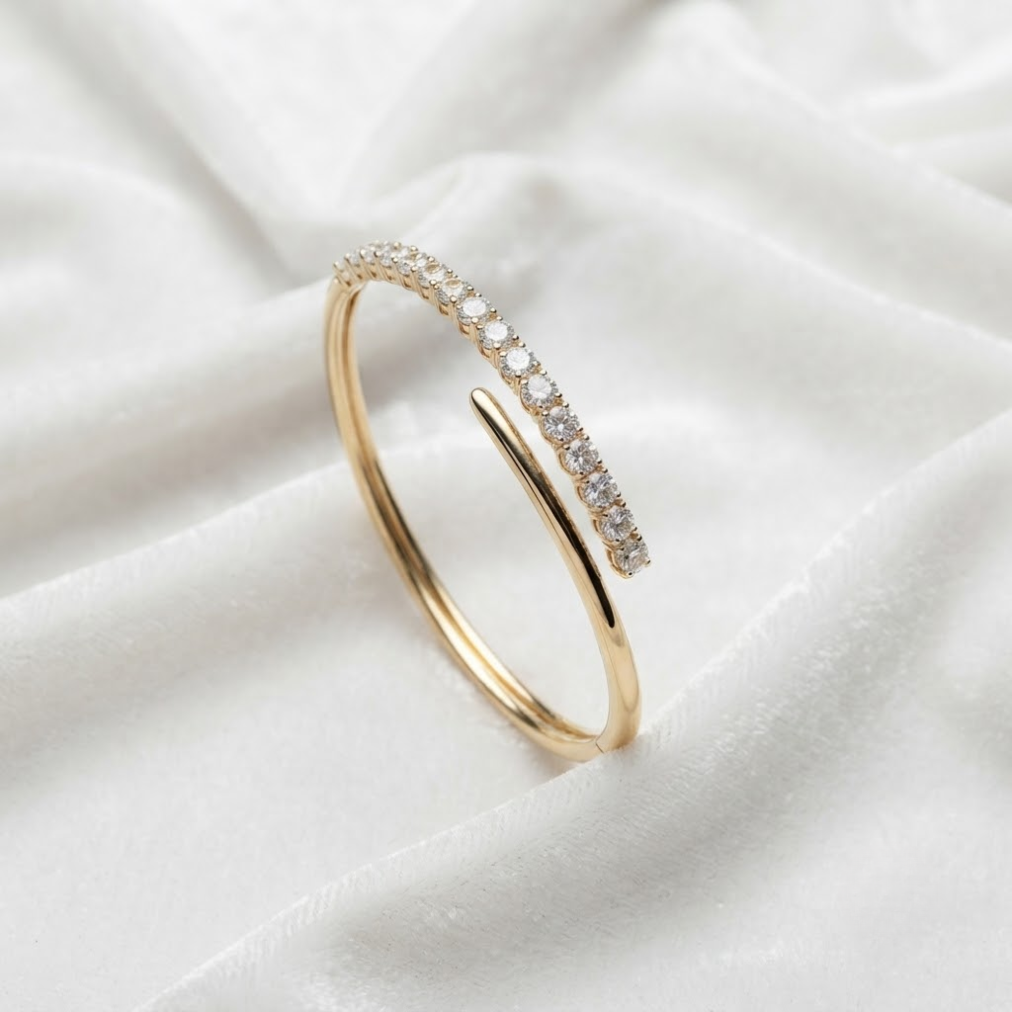 Round Diamond Open Cuff Bangle Bracelet in 14K Solid Gold