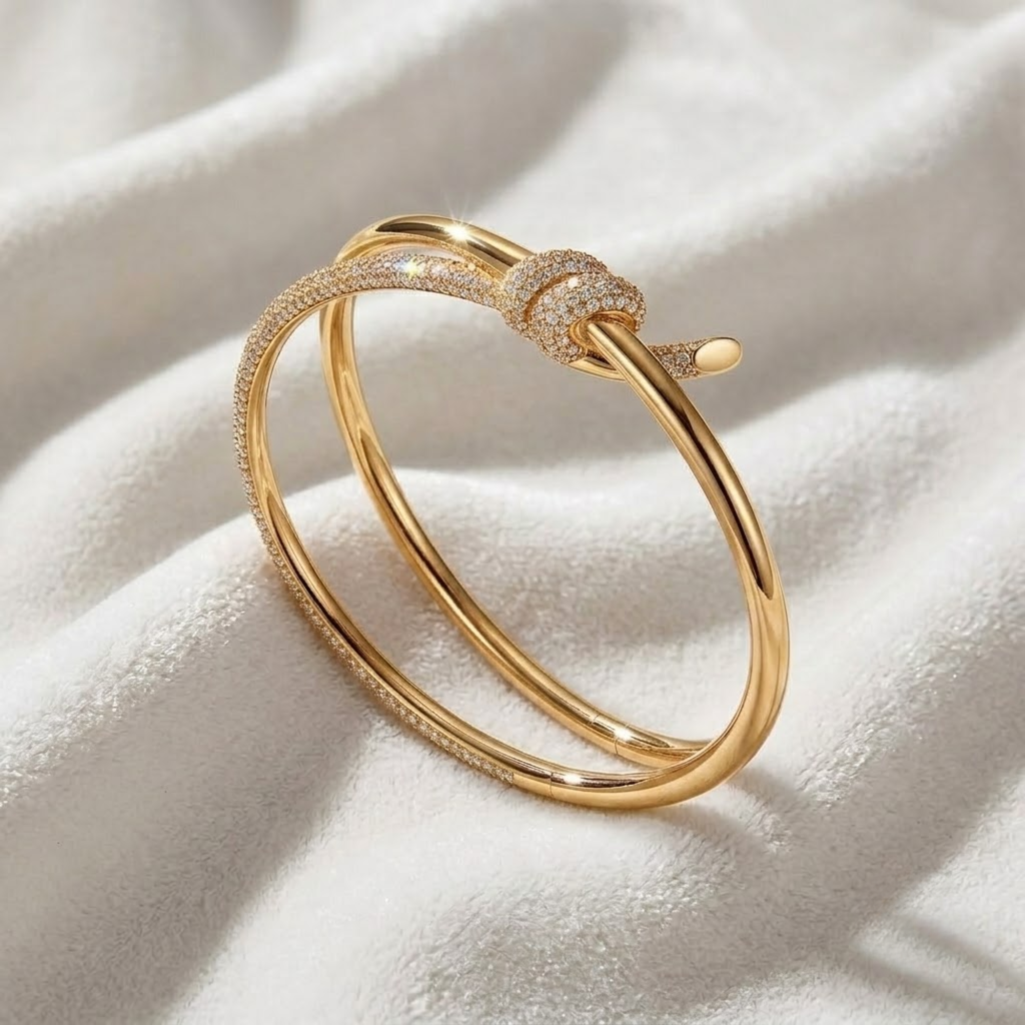 Diamond Knot Bangle Bracelet, Double Row Pave Bracelet in 14K Solid Gold