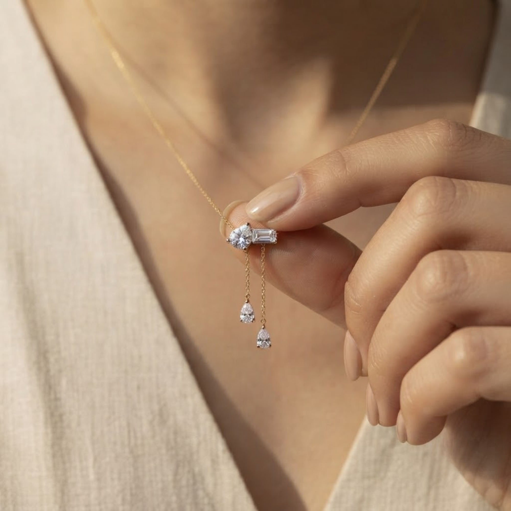 Pear & Emerald Cut Diamond Drop Necklace in 14K Solid Gold