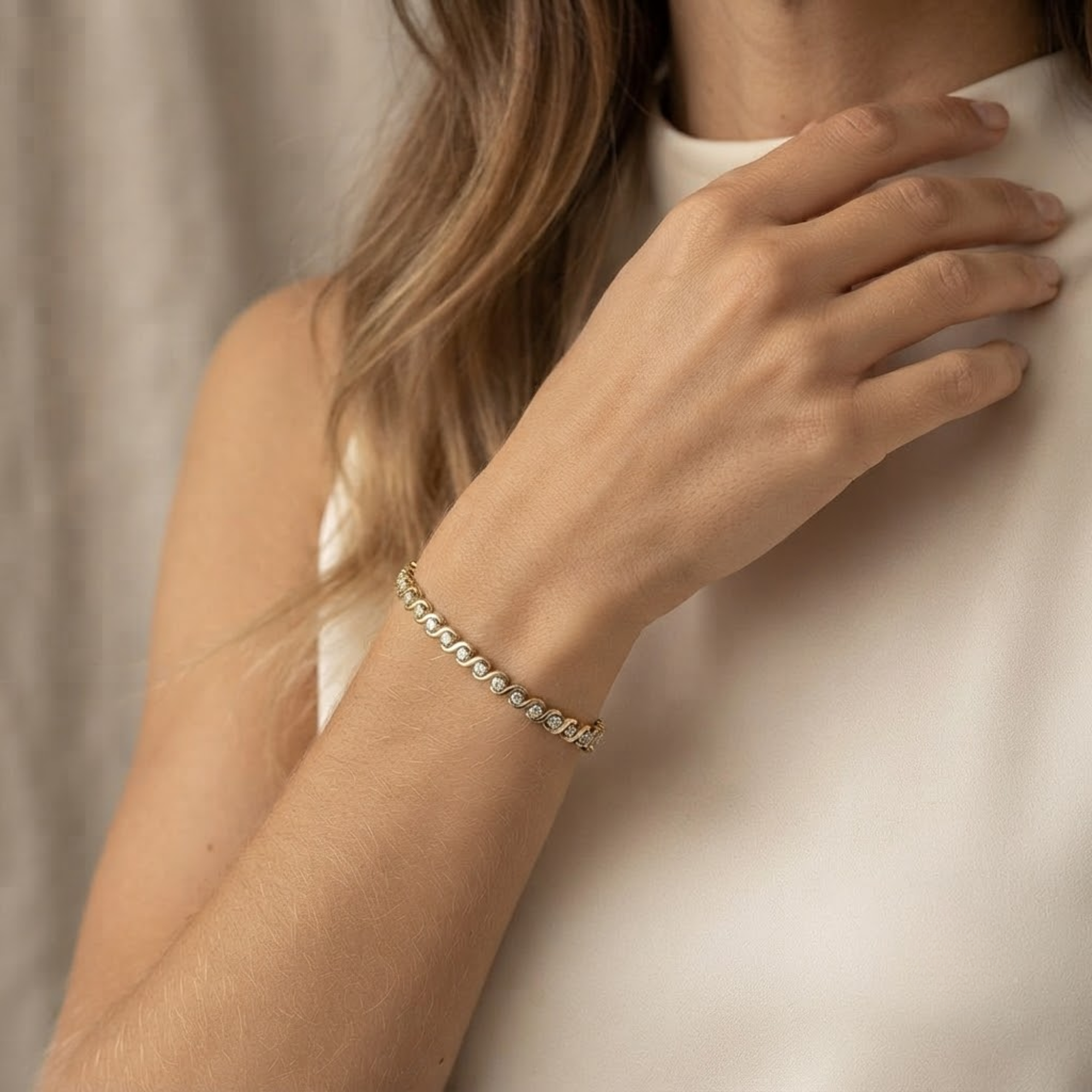 Round Diamond Tennis Bracelet, Twist Link Bracelet in 14K Solid Gold