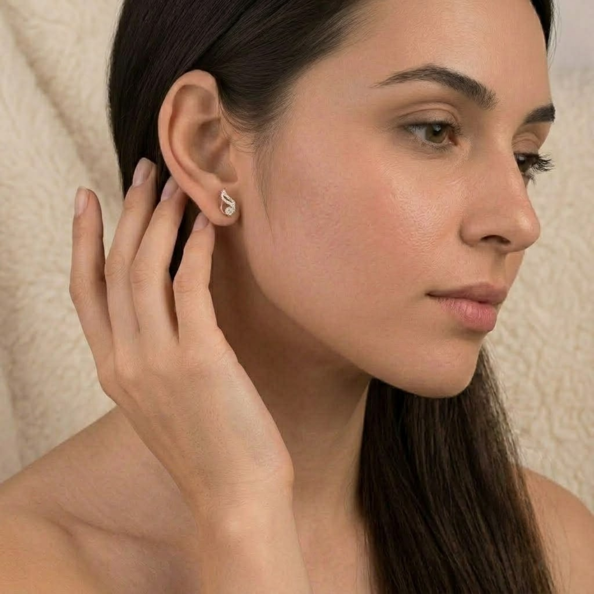 Diamond Leaf Stud Earrings, Swirl Earrings in 14K Solid Gold