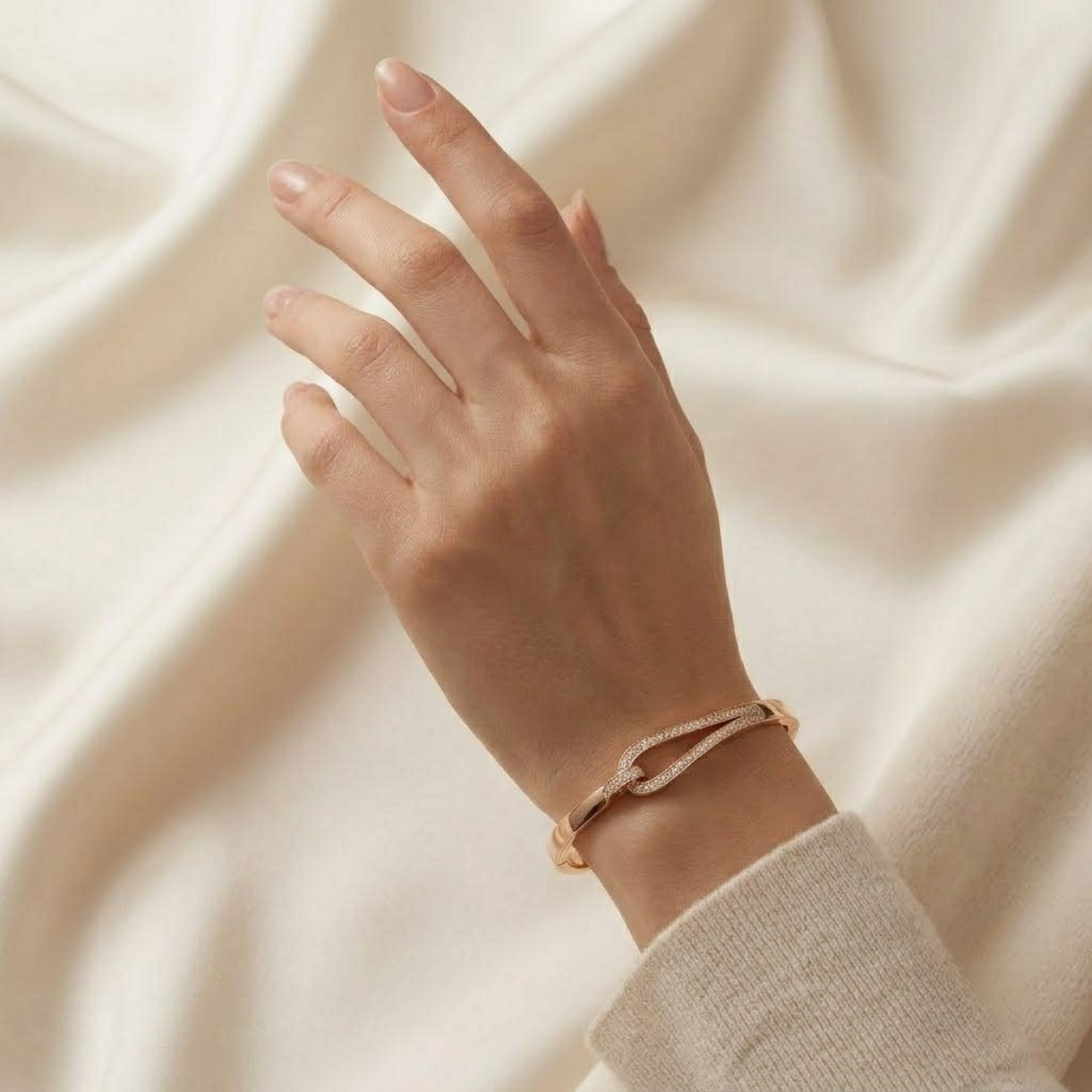 Diamond Crossover Bangle Bracelet, Pave Knot Bracelet in 14K Solid Gold