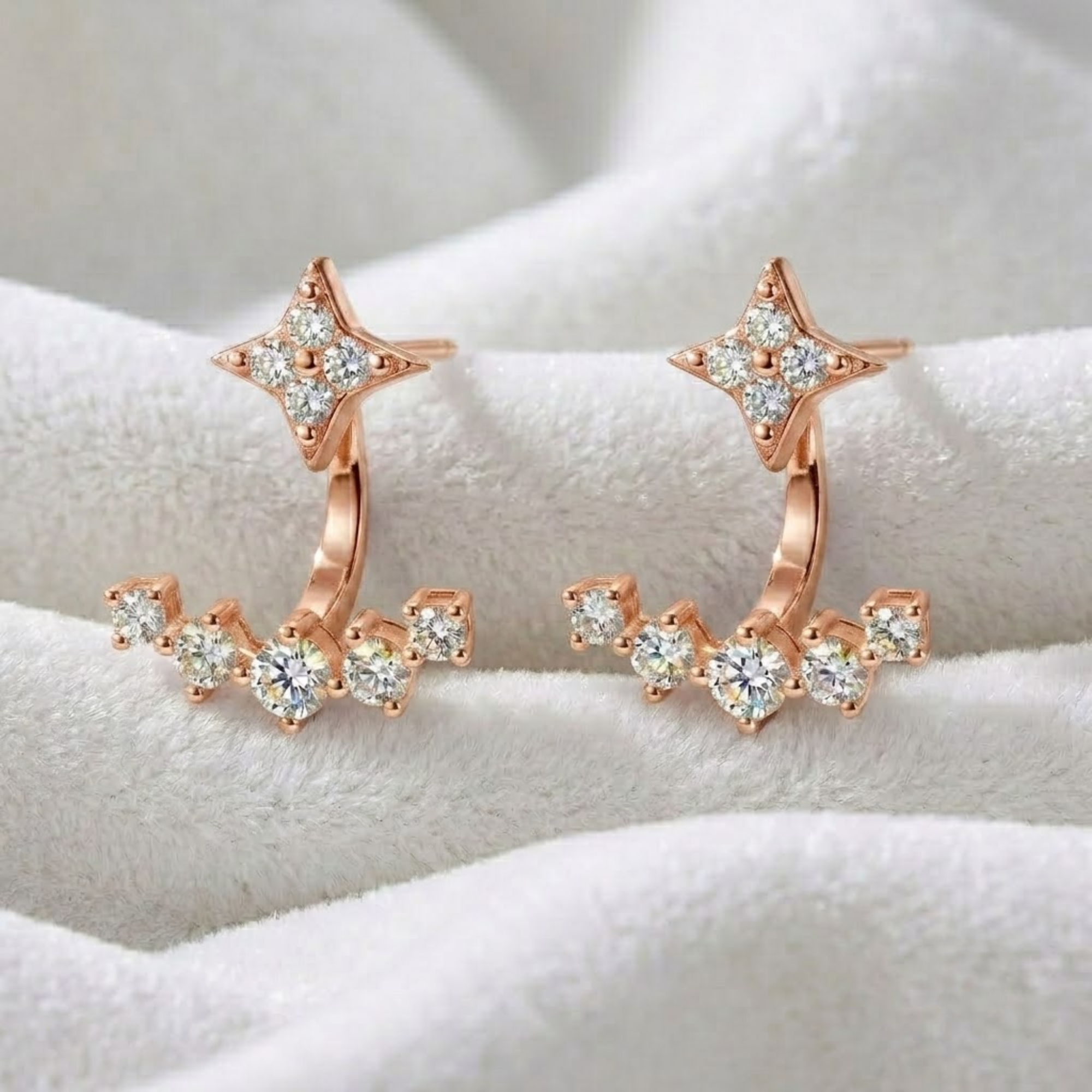 Diamond Star Jacket Earrings, 14K Solid Gold Celestial Studs