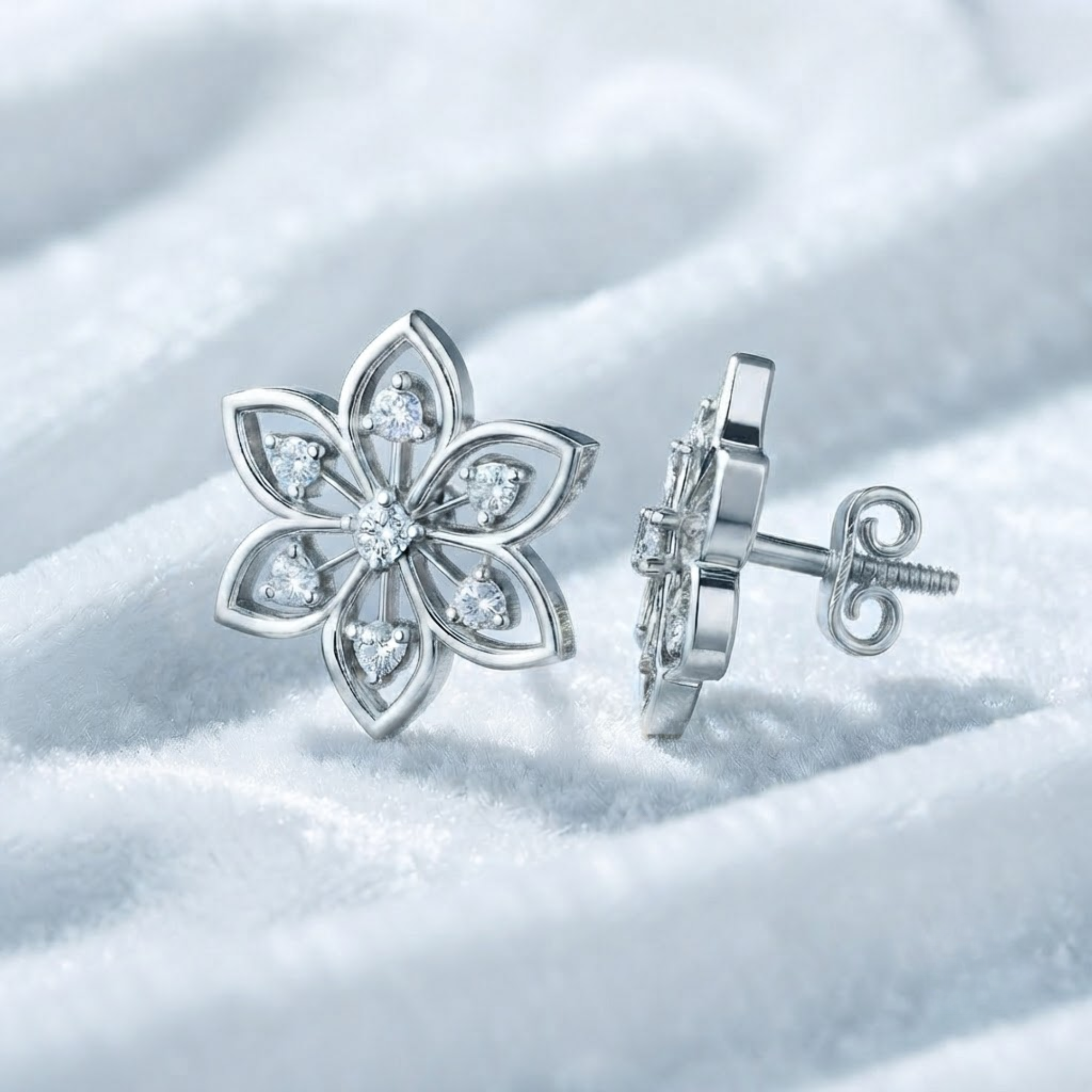 Diamond Flower Stud Earrings, Floral Earrings in 14K Solid Gold
