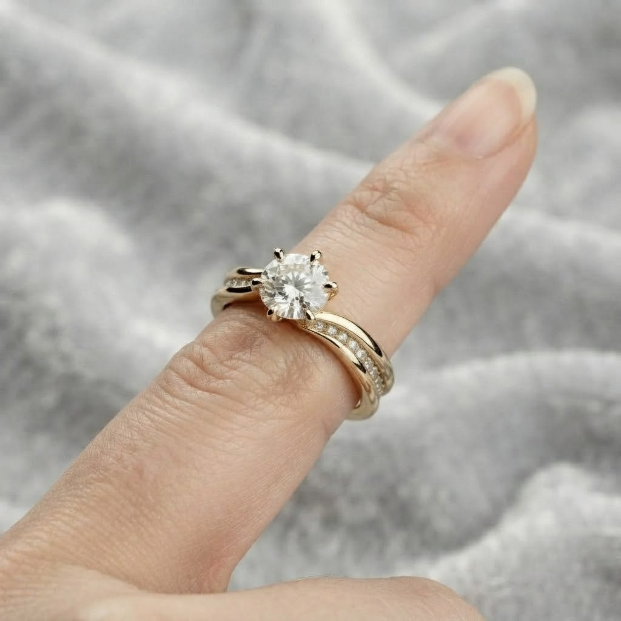 1 CT Round Diamond Engagement Ring, Twist Pave Ring in 14K Solid Gold