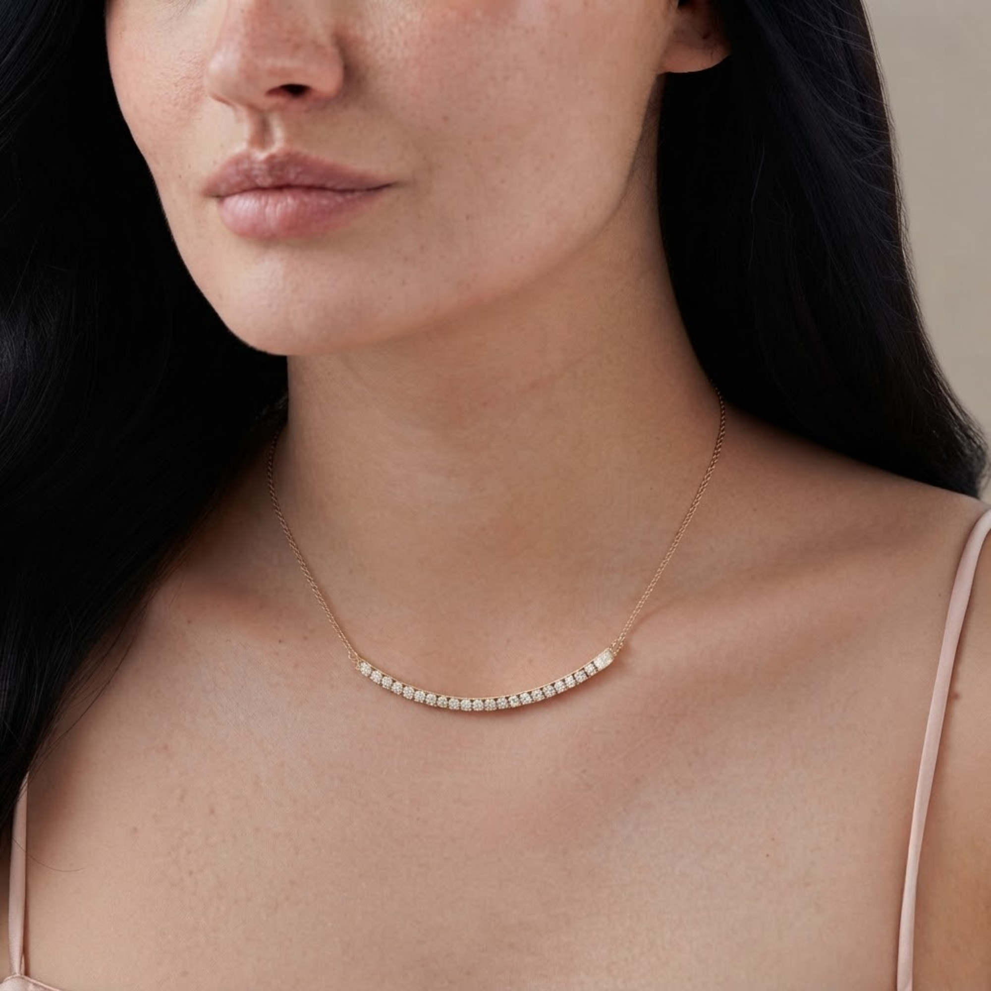Diamond Curved Bar Necklace, 14K Solid Gold Minimalist Diamond Necklace