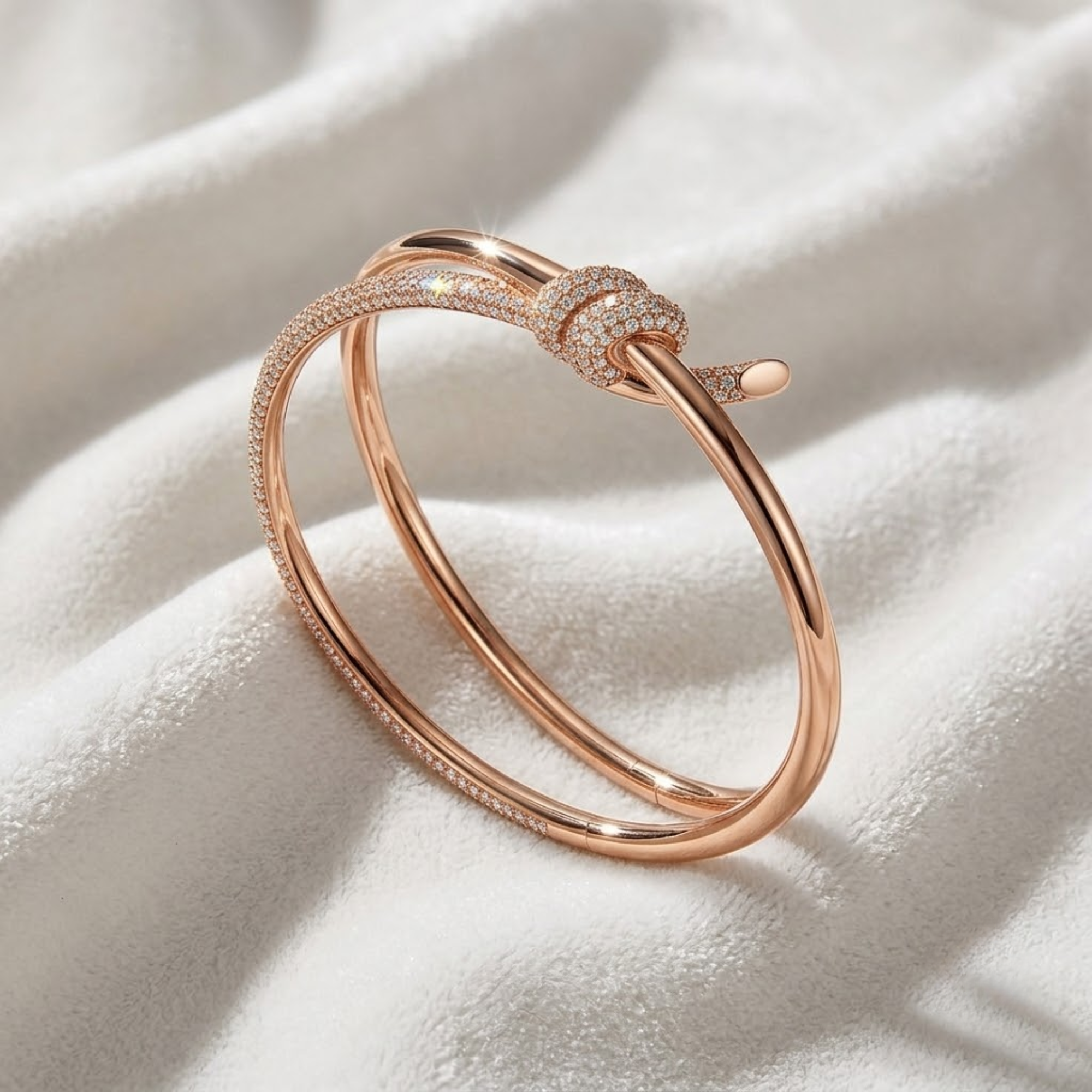 Diamond Knot Bangle Bracelet, Double Row Pave Bracelet in 14K Solid Gold
